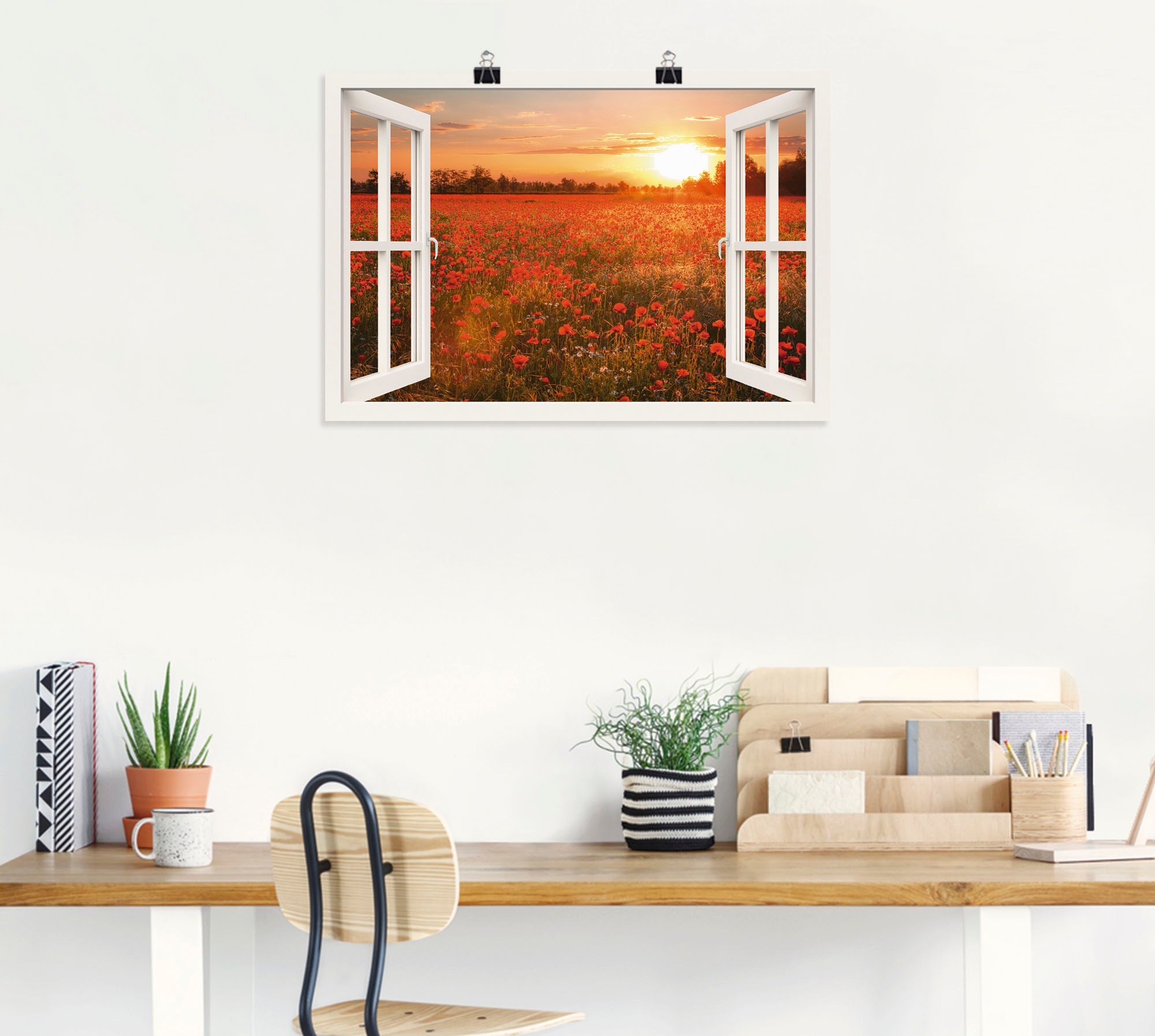 Artland Wandbild »Fensterblick Mohnblumenfeld« Blumen 1 Stk. tlg. als Leinwandbild, Poster in verschied. Größen