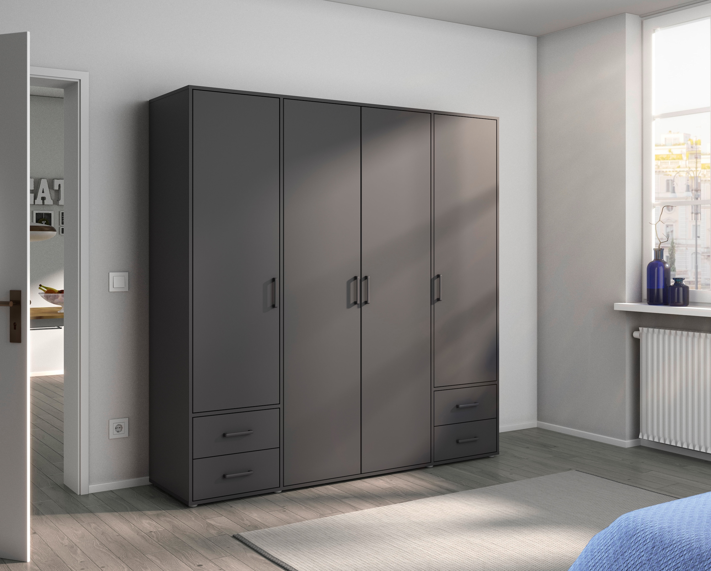 rauch Drehtürenschrank »Voyager, Kleiderschrank mit Außenschubkästen, Garderobe«, (in 3 verschiedenen Ausstattungen BASIC/CLASSIC/PREMIUM), Made in Germany