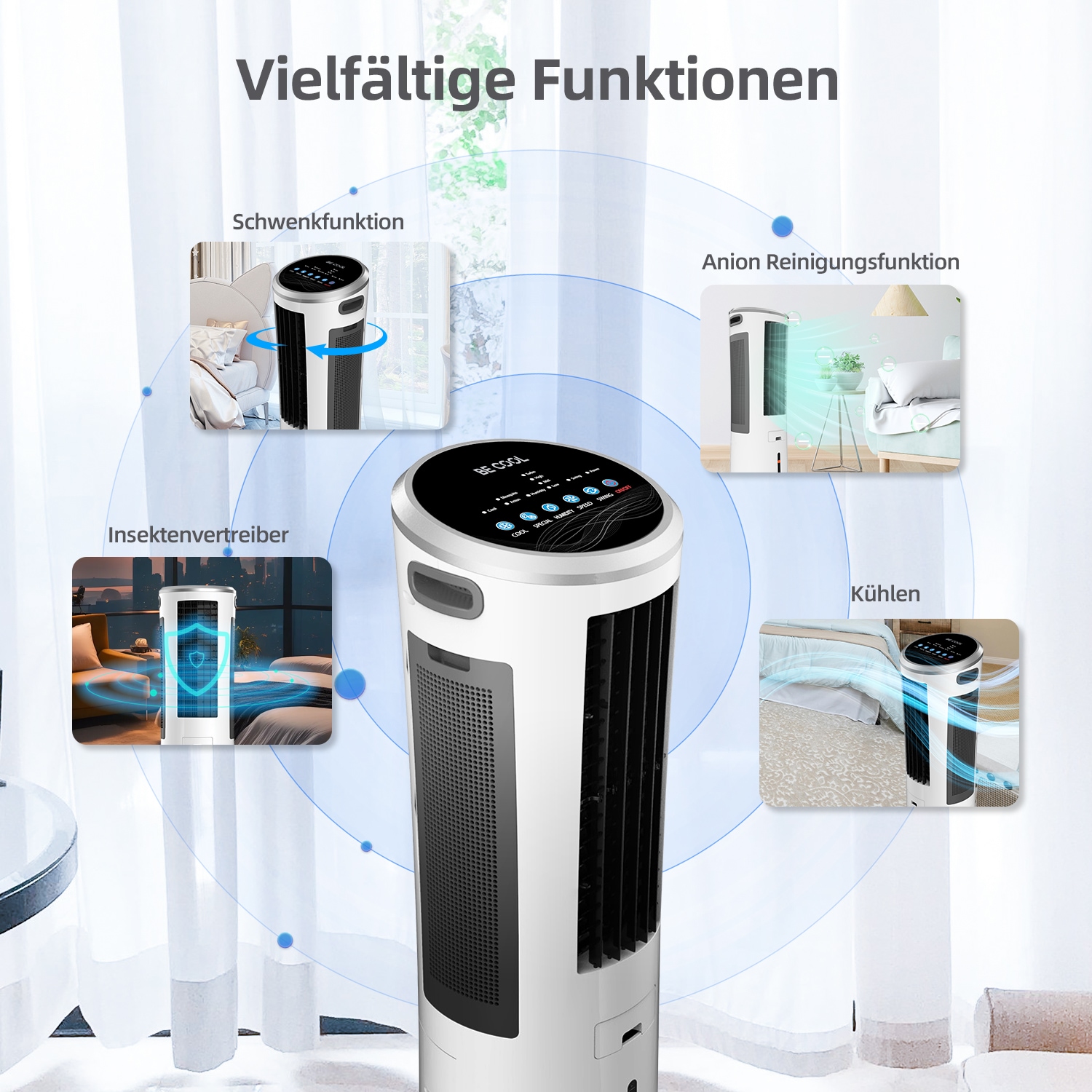be cool Ventilatorkombigerät »Luftkühler mit Mückenabwehr 18l BC18AC2301IKF weiß/grau«, Mückenabwehr, Luftfeuchtigkeitskontrolle, Fernbedienung