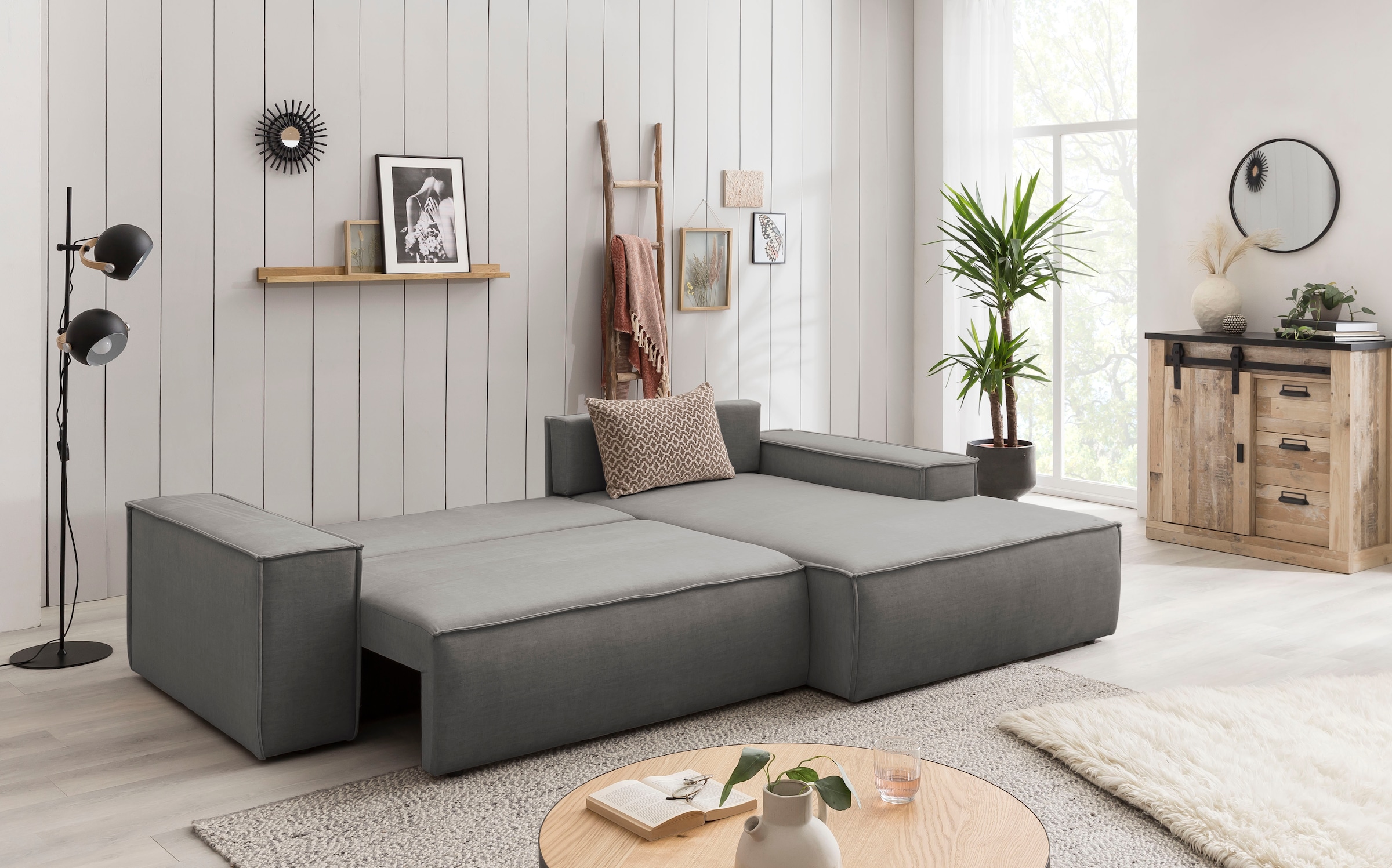 Home affaire Ecksofa SHERWOOD Schlafsofa 267 cm, L-Form, Schlaffunktion mit Bettkasten (210x136 cm), Cord, Vintage, Samtvelours