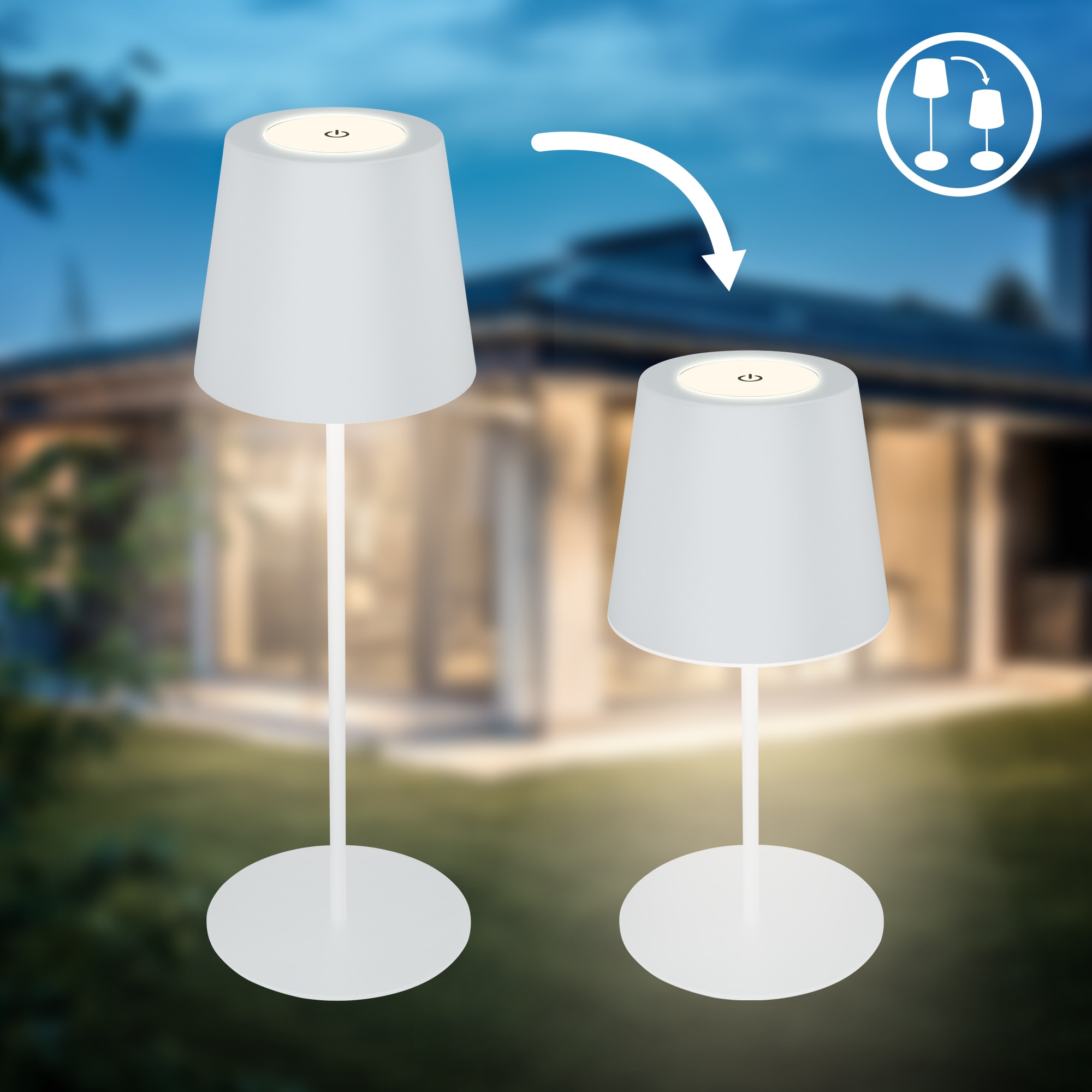 B.K.Licht Außen-Tischleuchte »BK_TL1594 Akku LED Tischlampe, 3-Stufen Touchdimmer, mit USB« LED-Modul 1 Stk. Extra-Warmweiß 2.700 K, 200 Lm, 2,5W, IP44, 12h Leuchtdauer, 36 x 10,5 cm, Weiß