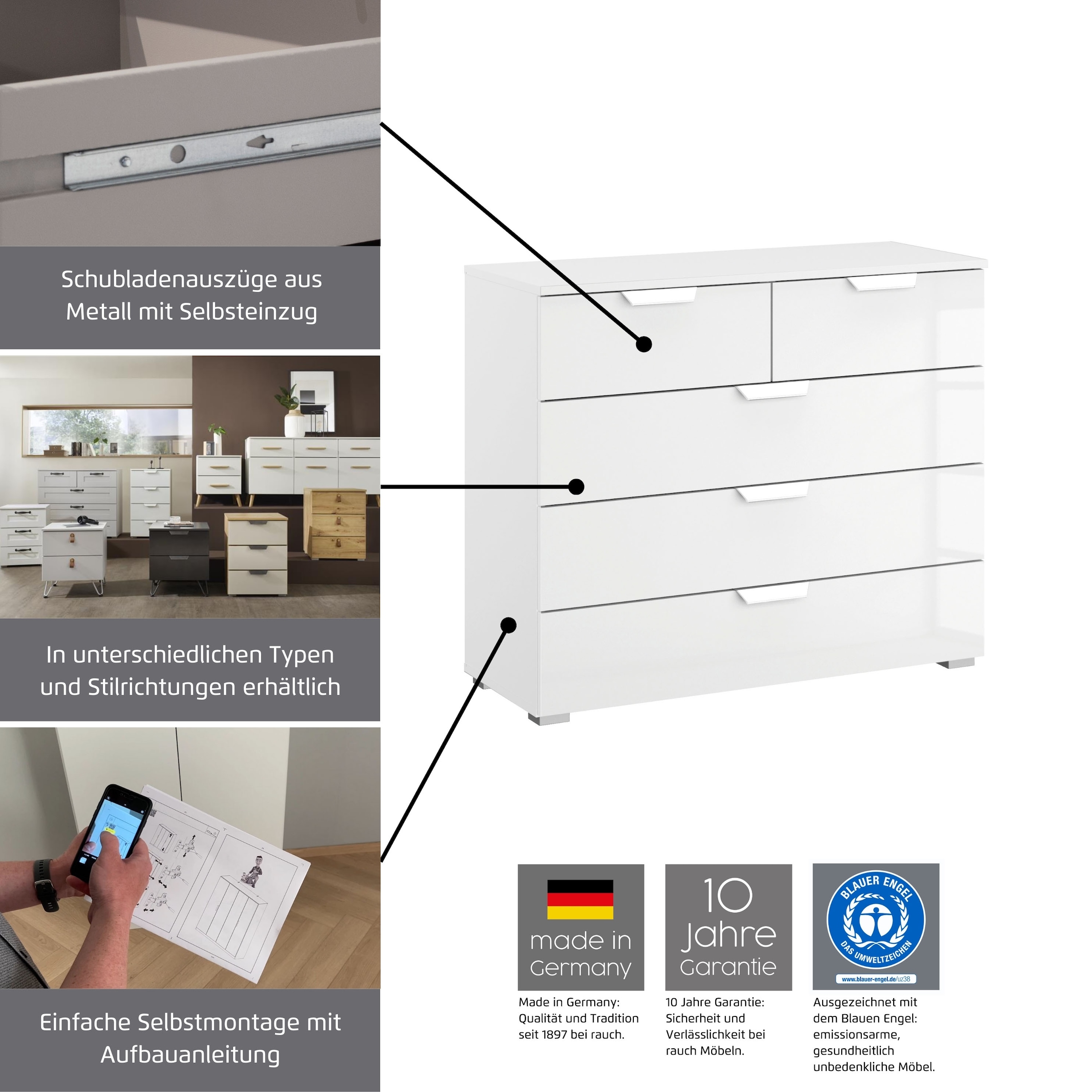 rauch Kombikommode »Glamour by Aditio«, mit Hochglanzfront, 2 Schubladen mit Softclose-Funktion