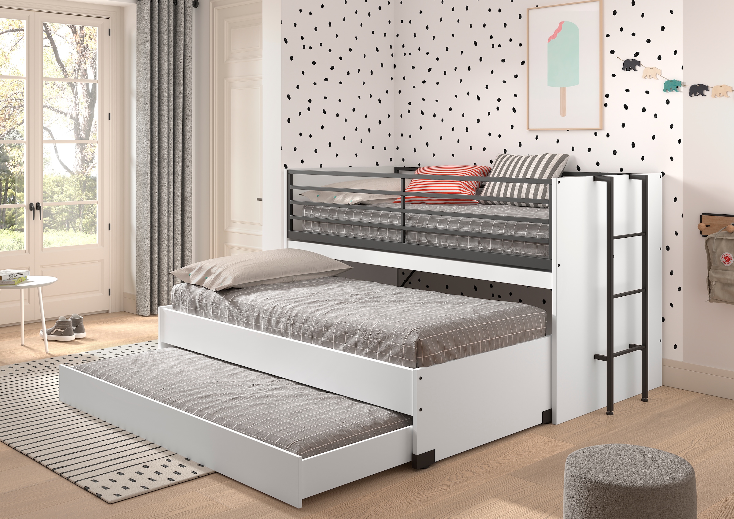 Home affaire Etagenbett, (Made in Europe), für kleine Räume, 2 Liegefl., Bettschublade, inkl. Schreibtisch, Dekor