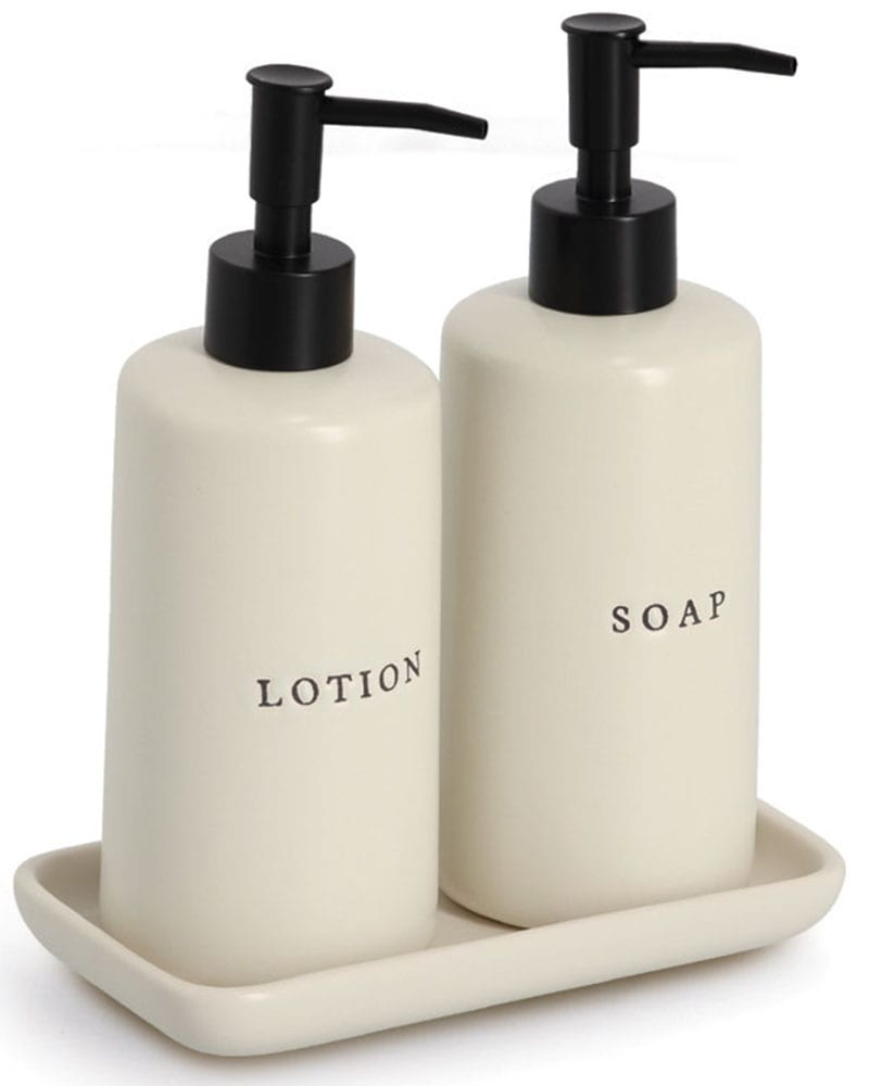 Zeller Present Seifenspender "Seifen-/Lotionspender-Set, 3-tlg., Keramik" Beschriftung: Seife und Lotion, minimalistisch und modern