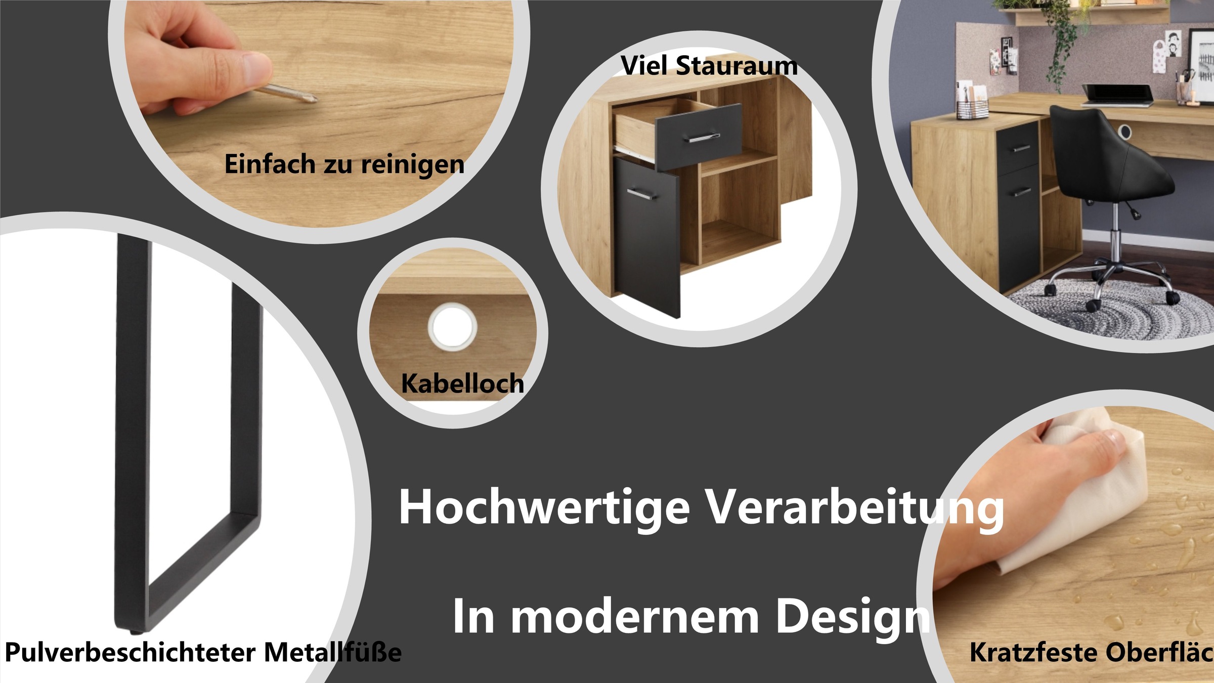 Places of Style Eckschreibtisch »Moid, Computertisch, Kabeldurchlass, mit Regalfächern,«, Schublade und Tür, flexibles Regalelement, 140x82-115 cm