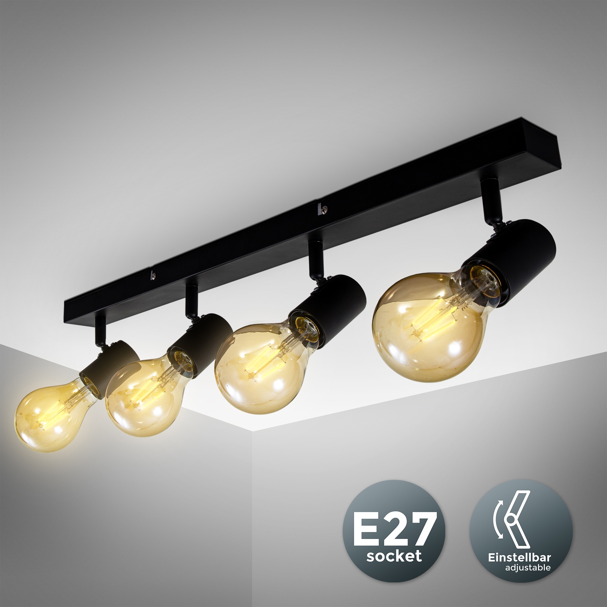 B.K.Licht LED Deckenspots, 4 flammig, Leuchtmittel E27 | ohne Leuchtmittel, LED Vintage Deckenlampe Retro Deckenleuchte schwarz Industrie E27