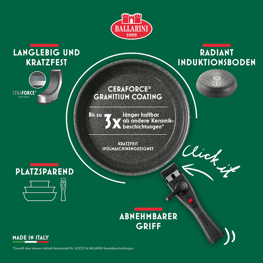 BALLARINI Pfannen-Set »Bratpfanne Torre«, Aluminium, (Set, 2 tlg., 1 abnehmbarer Griff, 1 Bratpfanne), Abnehmbarer Griff, Keramikbeschichtung, Made in Italy, stapelbar