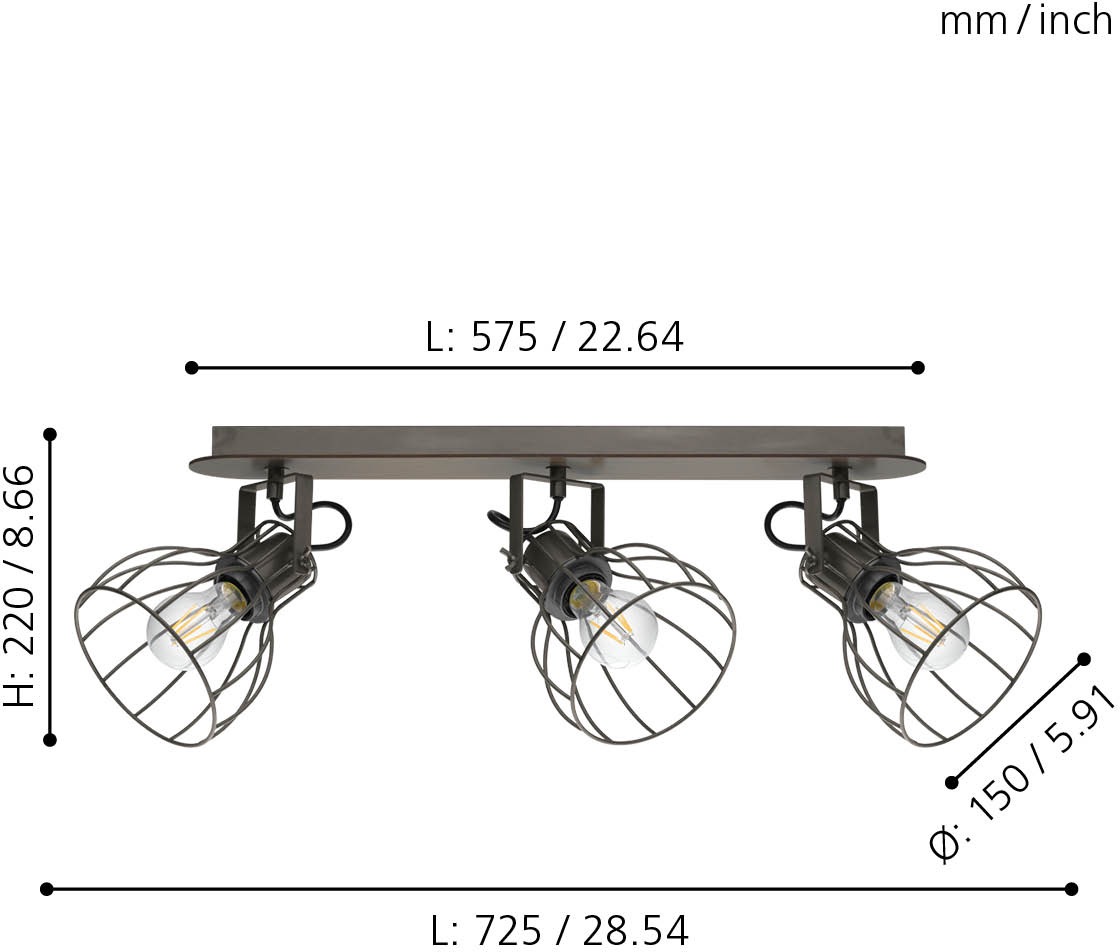 EGLO Deckenspot »SAMBATELLO Deckenstrahler, Holz und Stahl, E27, IP20, Flurlampe, Lampe«, 3 flammig, Leuchtmittel E27 | Leuchtmittel wechselbar-ohne Leuchtmittel, Spot - L57,5 x B9 cm - braun, silber - 3X40W exkl.