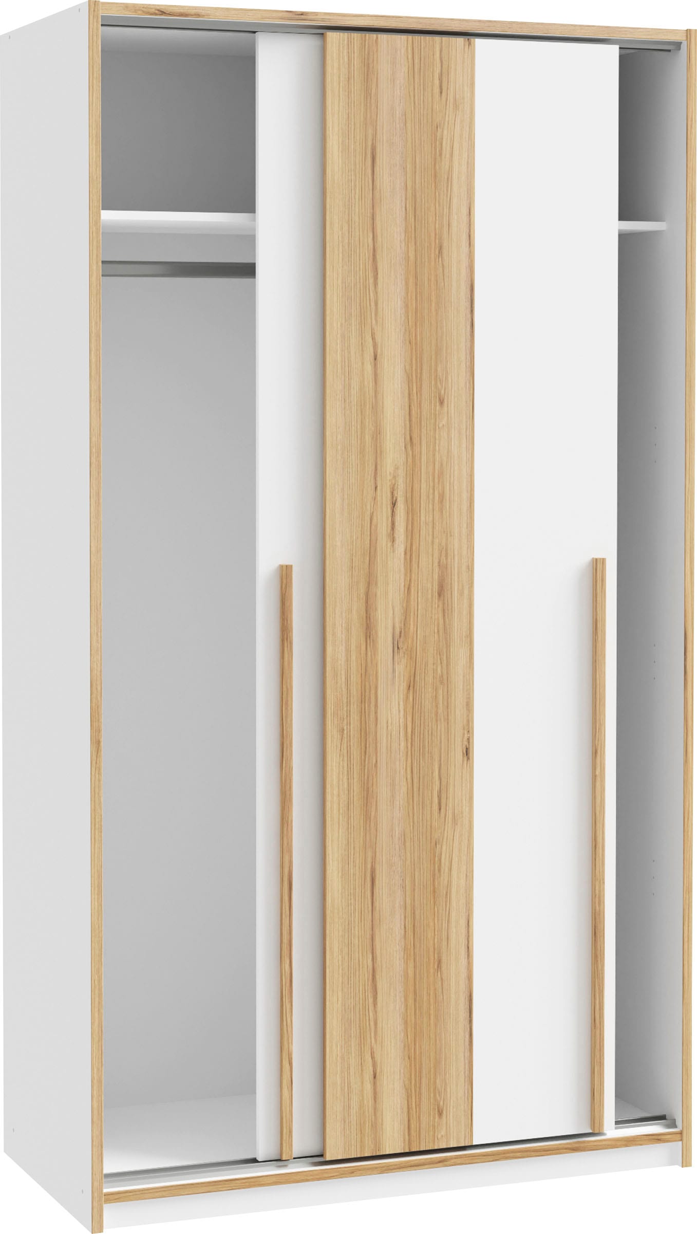 FORTE Schwebetürenschrank »Skandinavisches Design, Holzoptik kombiniert mit Weiß«, (B/H/T ca. 119/215/57cm), ideal für kleine Räume, passend zum Schrankbett, 2 Einlegeböden