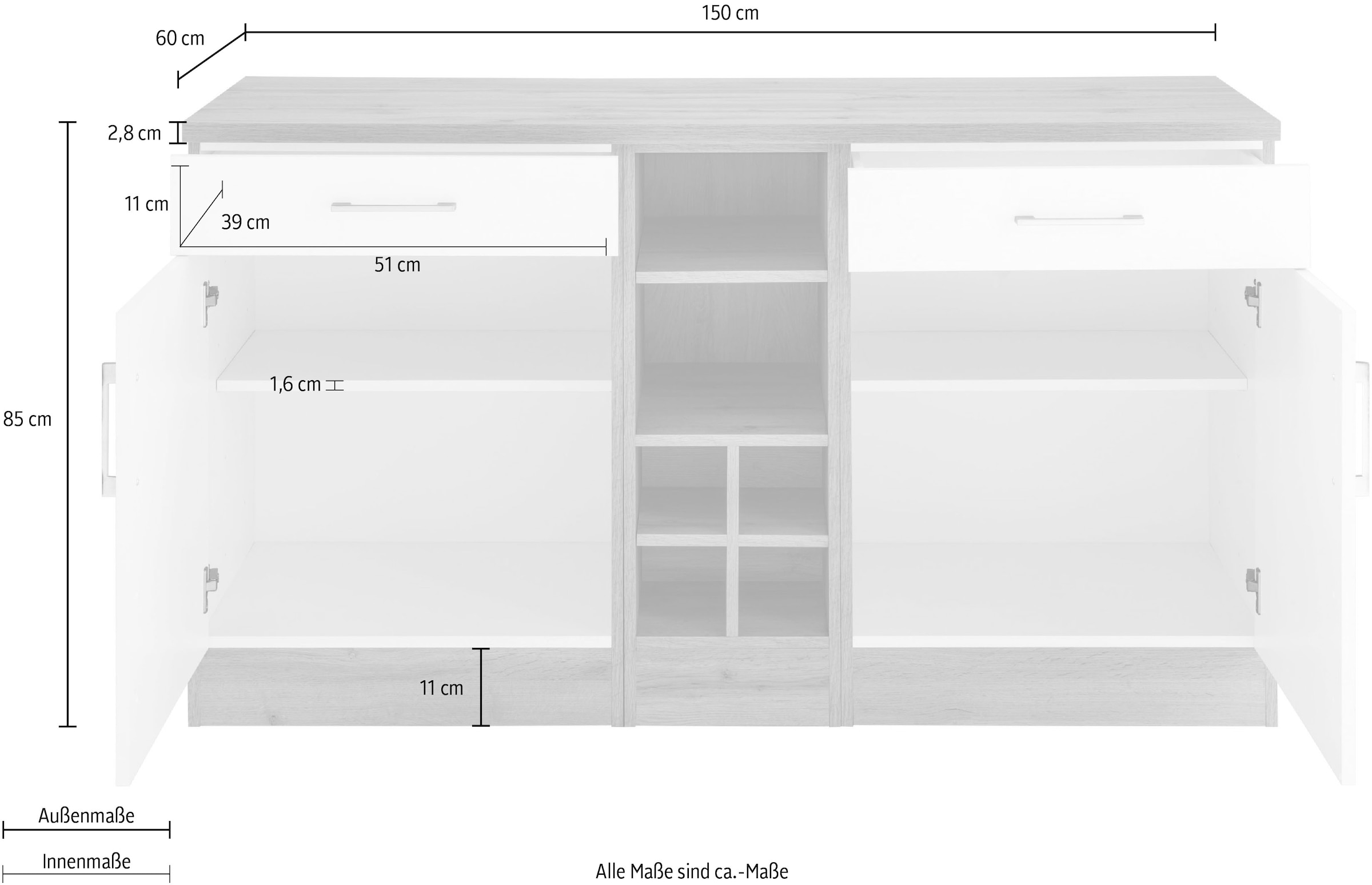 KOCHSTATION Unterschrank »KS-Colmar« 150 cm breit, 2 Schubkästen, 2 Türen, 6 Fächer, für viel Stauraum