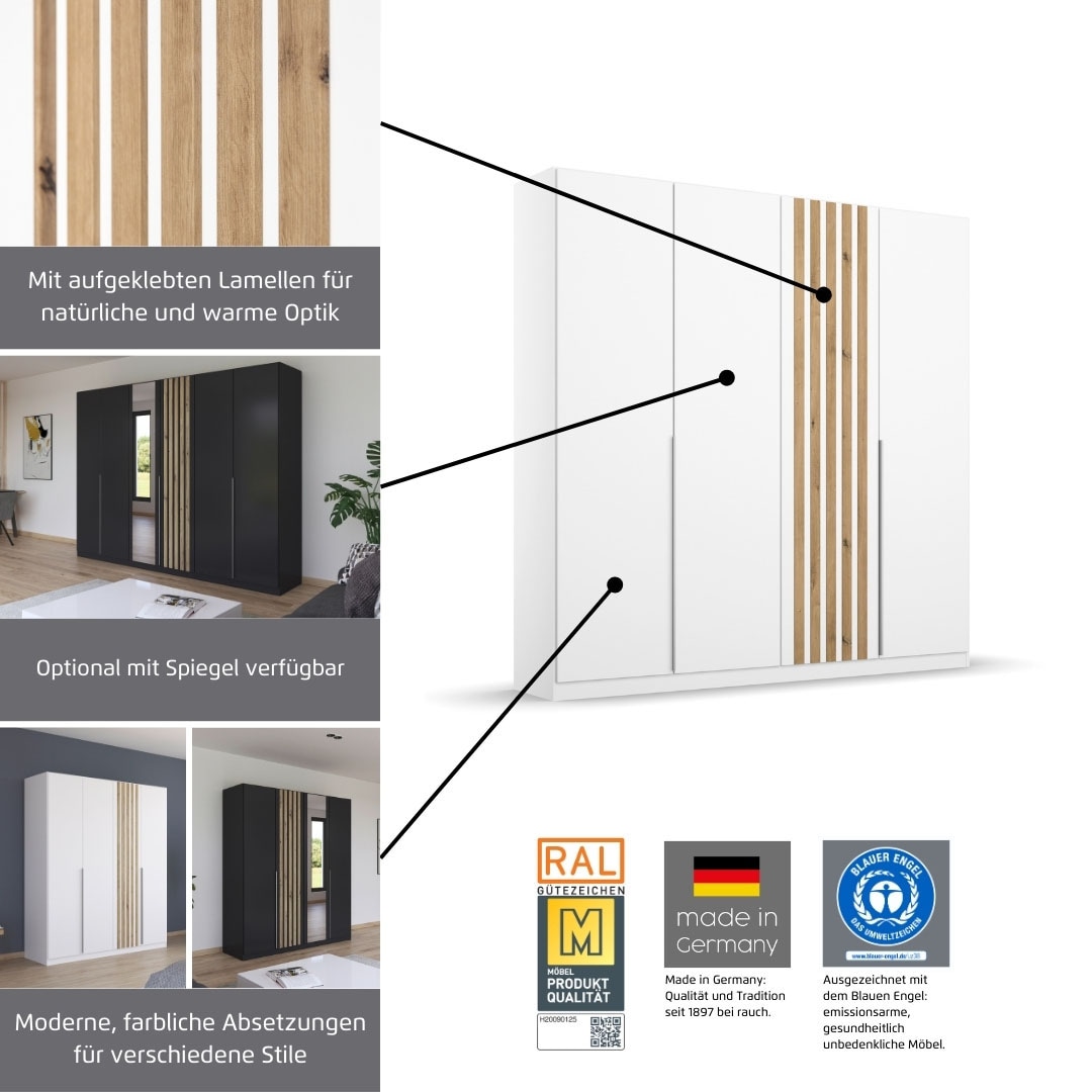 rauch Drehtürenschrank »Kleiderschrank Schrank Garderobe Wäscheschrank Schlafzimmer LAMELLA« Breiten 181/226/271 cm in 3 Ausstattungen BASIC/CLASSIC/PREMIUM,  elegante Lamellen-Auflage in 3D Akustikpaneel Optik MADE IN GERMANY
