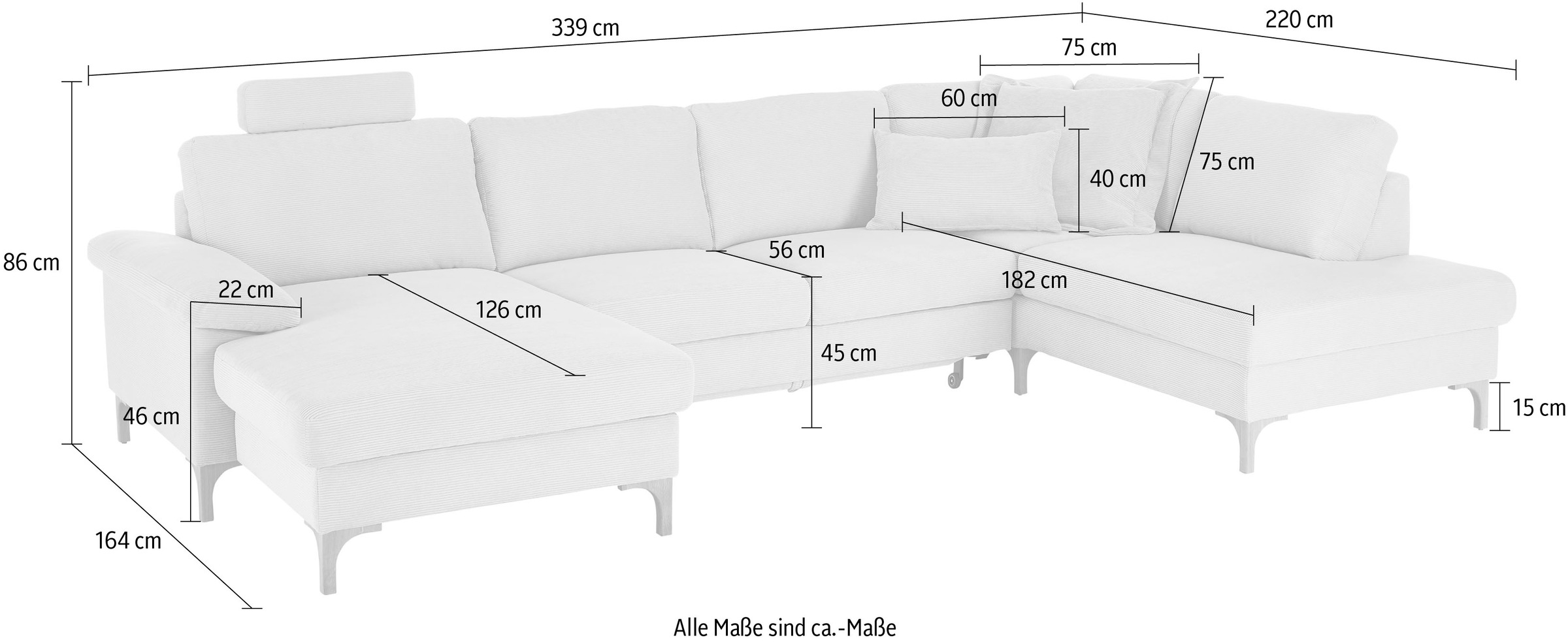 3C Candy Wohnlandschaft »Lecce, wahlweise PUR-Schaumstoff oder Tonnentaschenfederkern U-Form« Bettkasten in Umbauecke und Longchair, sowie Querschläfer im 2-Sitzer