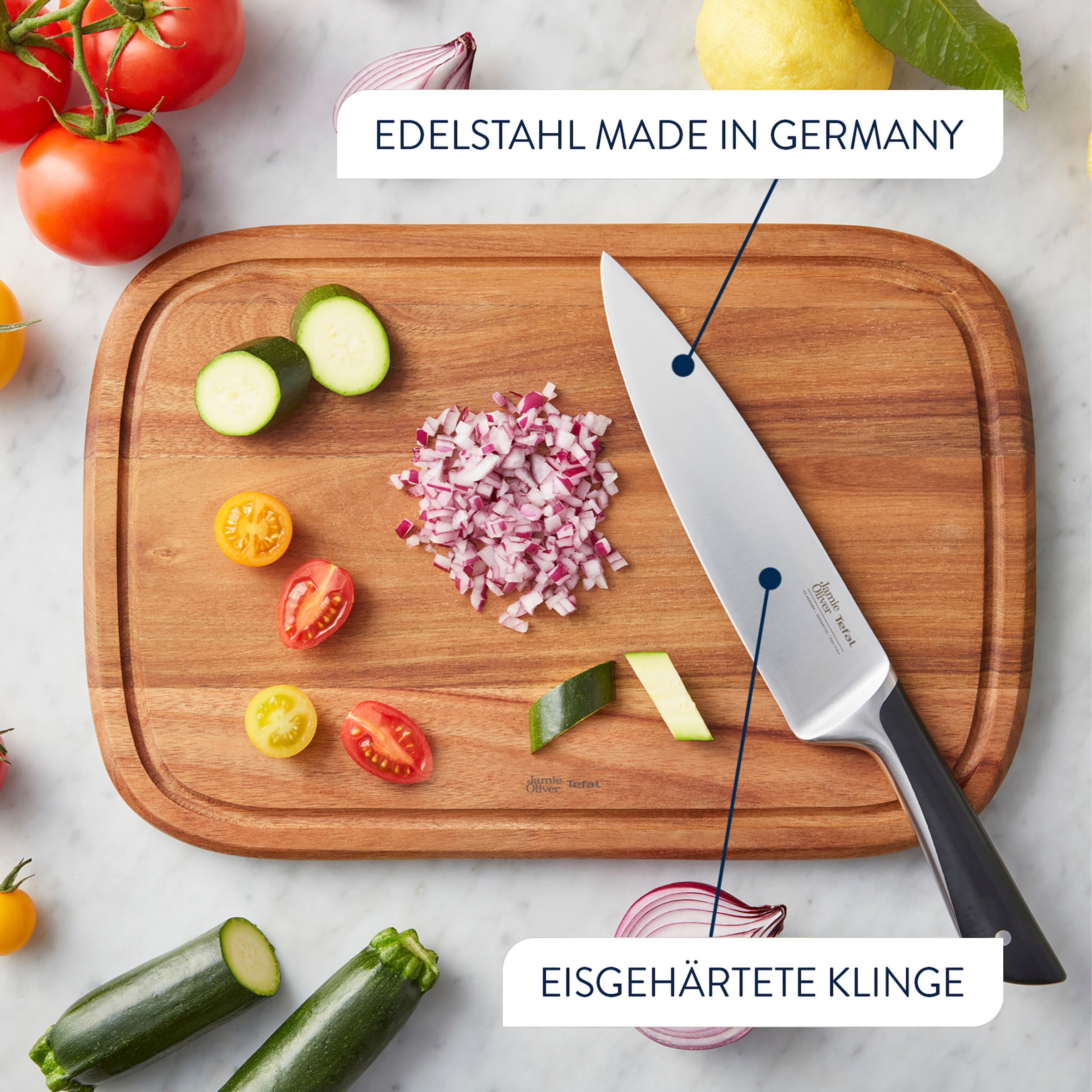 Tefal Messer-Set »K267S3 Jamie Oliver«, (Set, 3 tlg., Kochmesser 15 cm, Universalmesser 12 cm, Schälmesser 9 cm), hohe Leistung, unverwechselbares Design, widerstandsfähig/langlebig