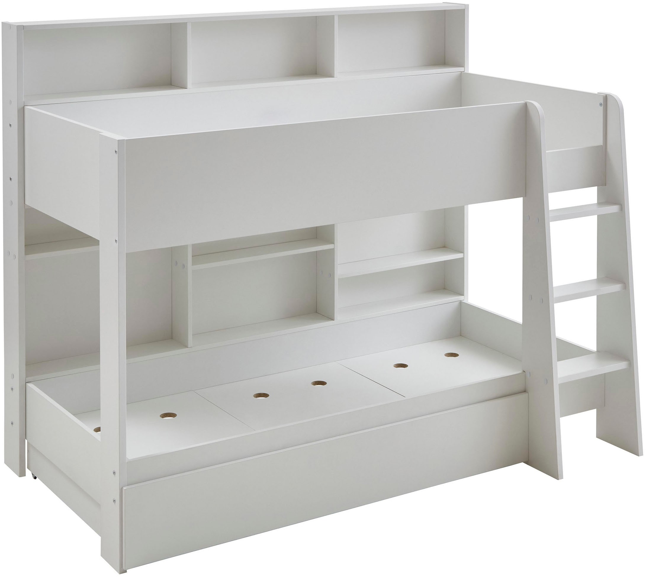 Relita Etagenbett »Sely, viel Funktion auf kleinem Raum, 2 Liegeflächen, modernes Design« viele Regalfächer an der Bettrückseite, inkl. Schublade auf Rollen,  viel Stauraum, pflegeleichte Melamin Oberfläche, 3 Farben zur Wahl