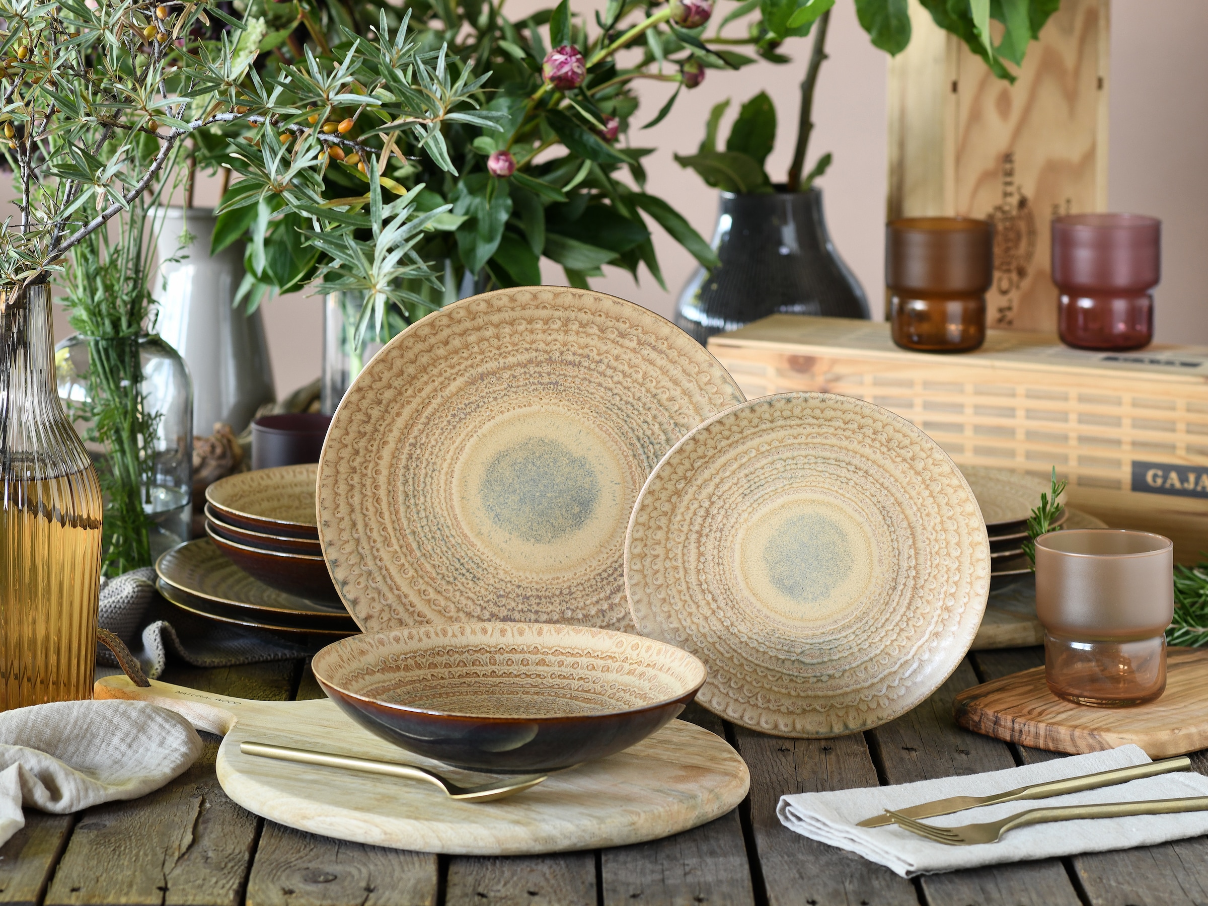 CreaTable Teller-Set »Neapel, Service 12-tlg.« Teller Set, Edles Tellerset, Vulkanoptik