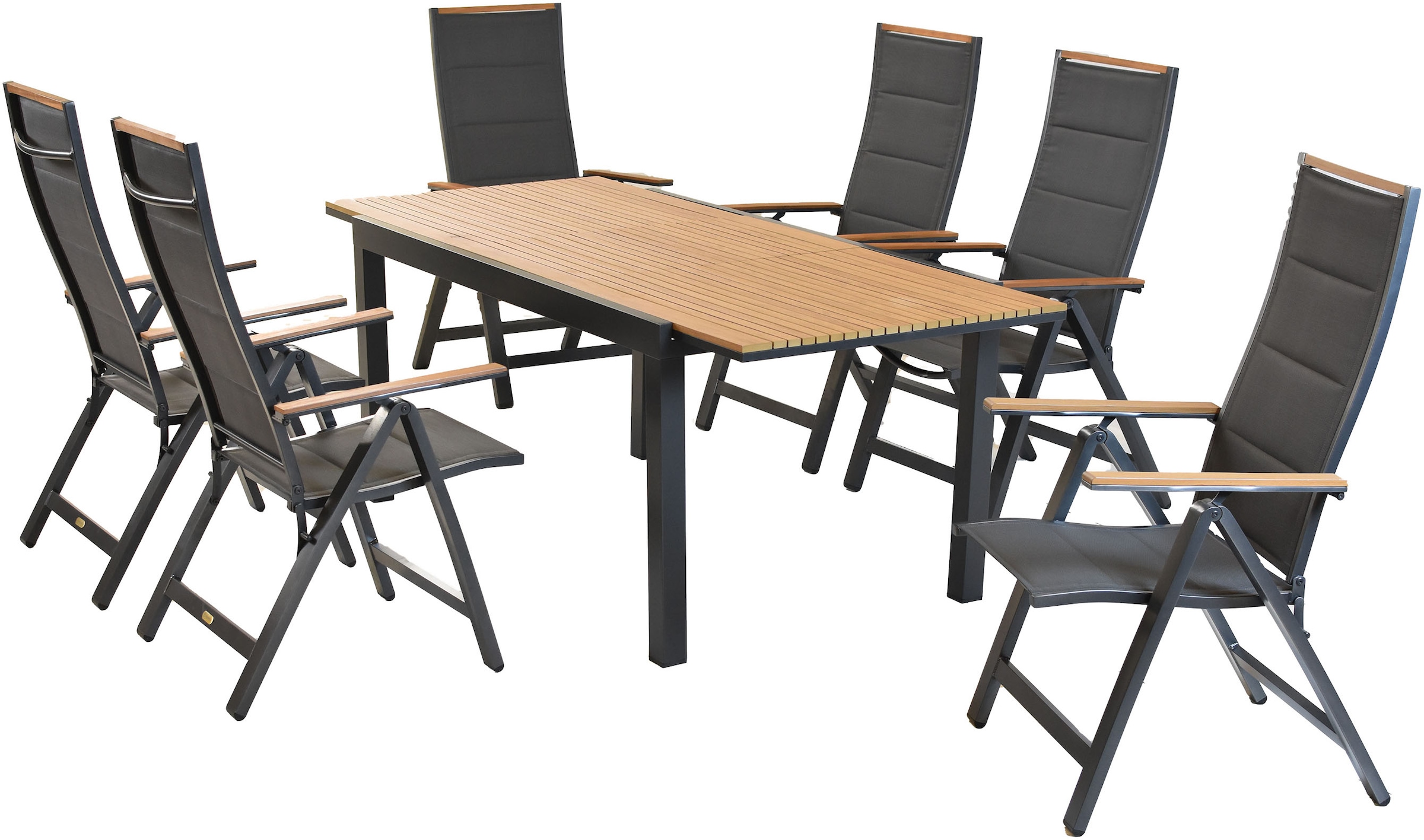 MERXX Garten-Essgruppe »»Verona«« Set, 7 Stk. tlg. Armlehnen, Rückenabschluss und Tischplatte aus Kunststoff in Holzoptik