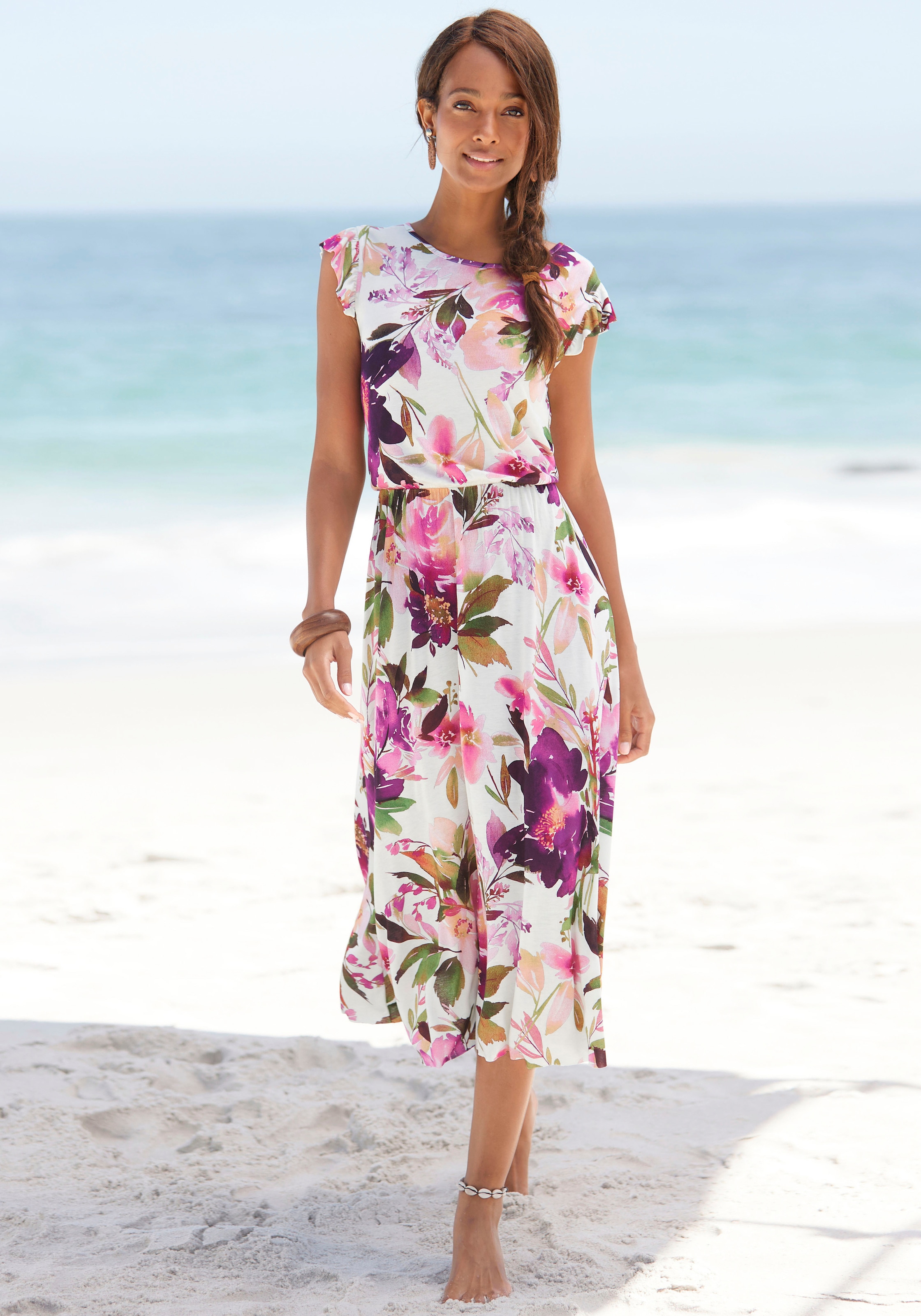 Beachtime Midikleid mit Blumendruck und Gummizug, Sommerkleid, Strandkleid