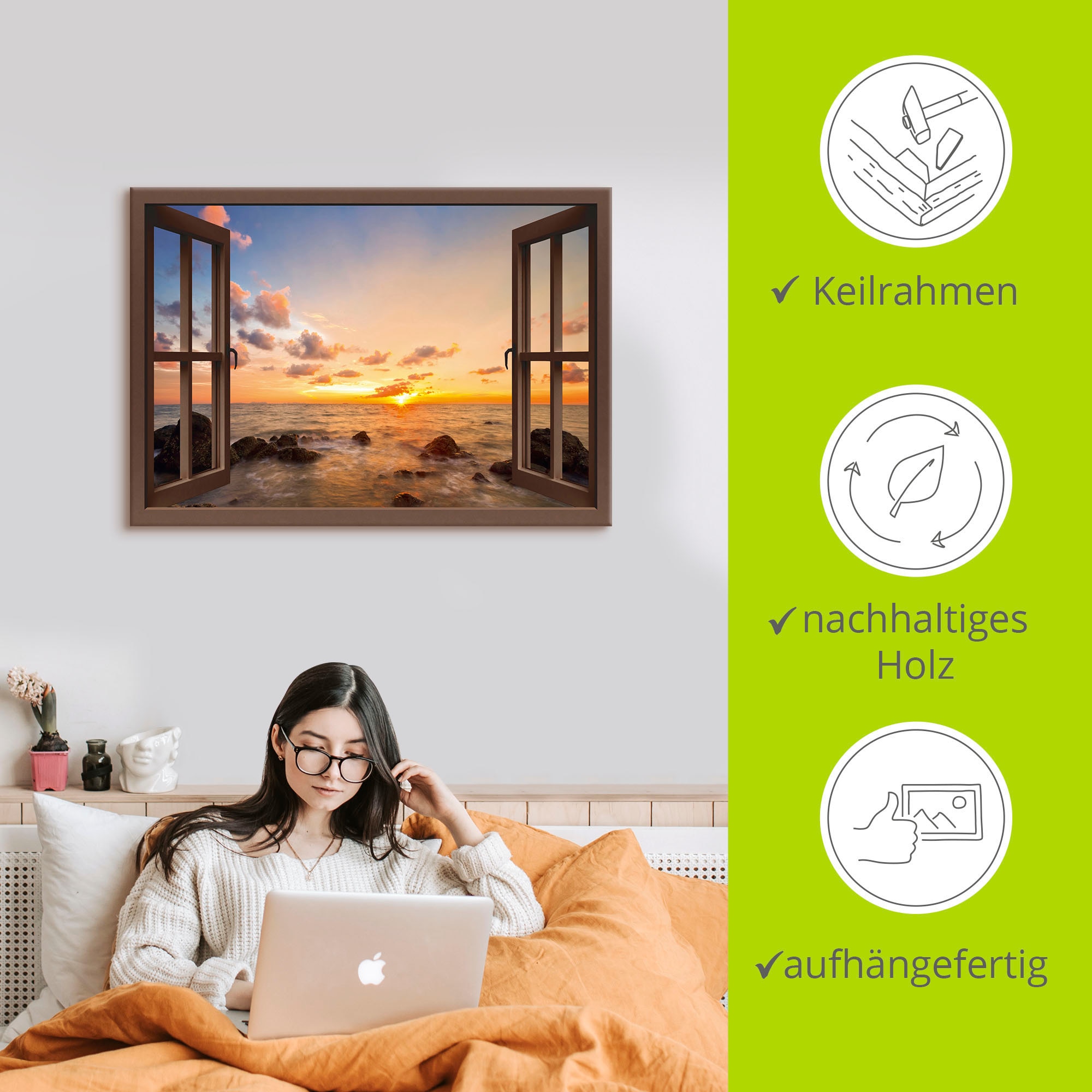 Artland Wandbild »Fensterblick Sonnenuntergang am Meer«, Fensterblick, (1 St.), als Alubild, Outdoorbild, Leinwandbild, Poster, Wandaufkleber