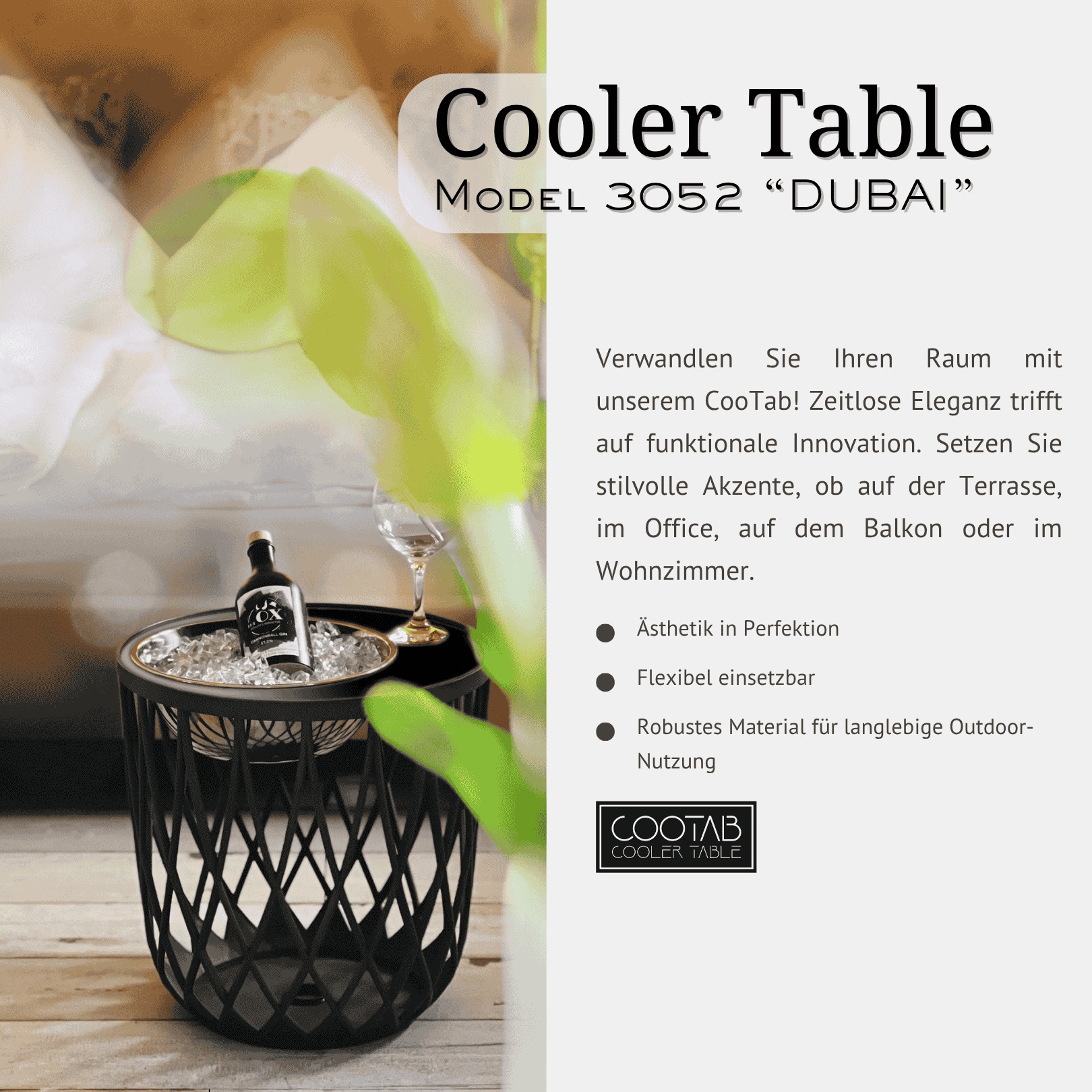 COOTAB Cooler Table Beistelltisch »4-in-1 Loungetisch mit Edelstahl-Kühler Dubai 45 cm schwarz« 1 Stk. tlg. Wetterfest, Pflegeleicht, Hitzebeständig, Stapelbar