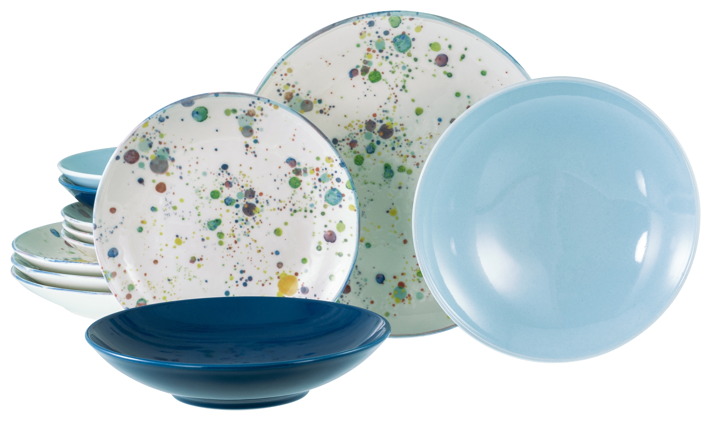 CreaTable Teller-Set »Candy Drops, Teller Set 12-tlg.« Unregelmäßige bunte Punkte, Gute Laune Geschirr, Frisch, Freundlich