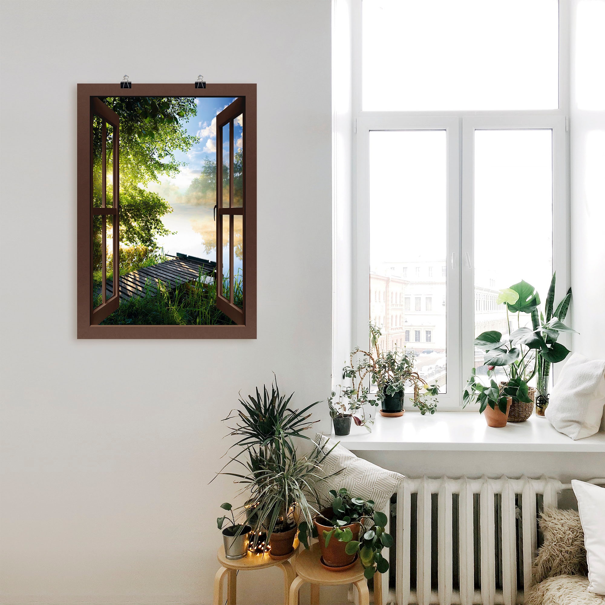 Artland Wandbild »Fensterblick Angelsteg am Fluss«, Fensterblick, (1 St.), als Alubild, Outdoorbild, Leinwandbild, Poster, Wandaufkleber