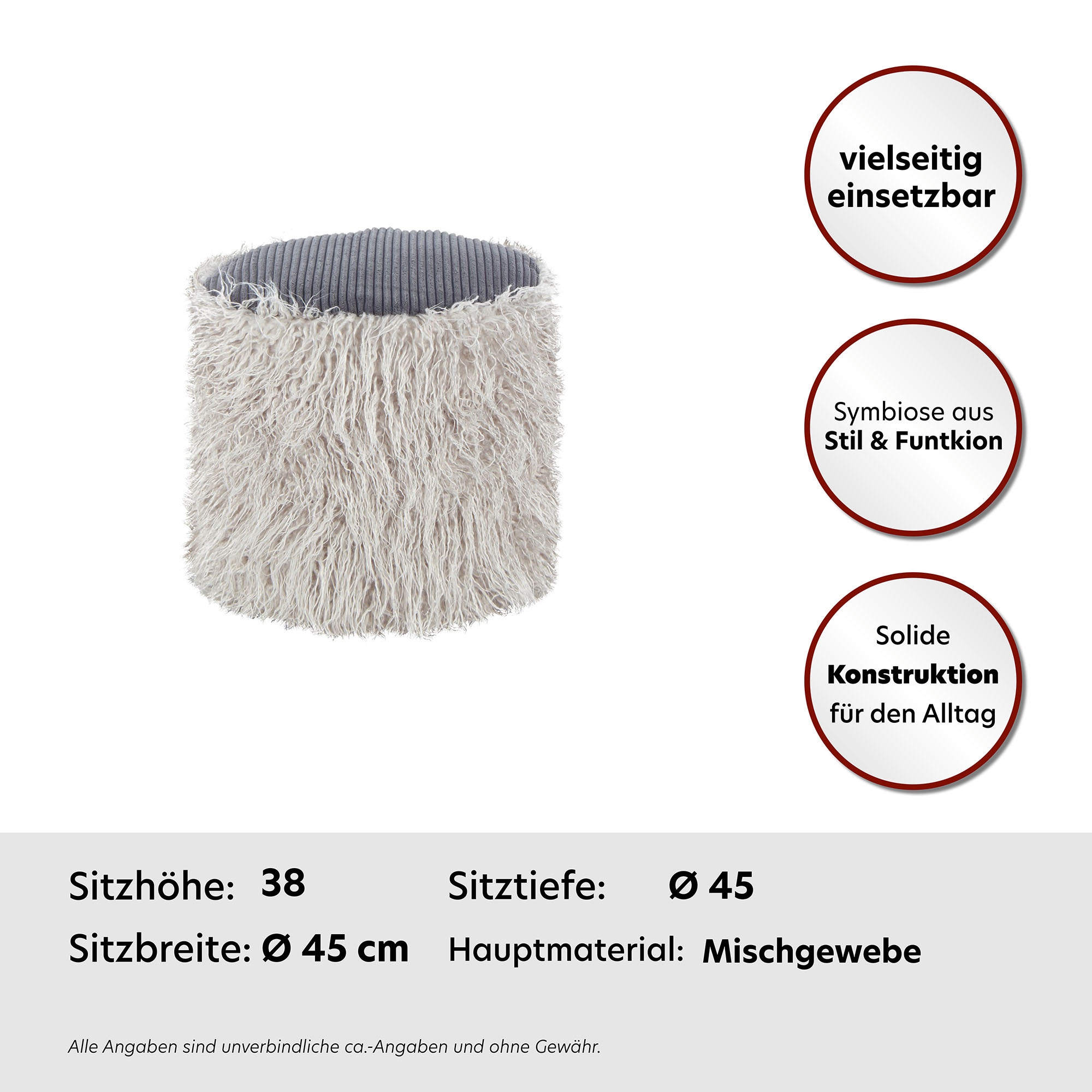 Kayoom Pouf »Fellpouf Bobtail 125, Fellhocker in zweifarbigem Design«, (1 St.), modern, dekorativ, kindersicherer Reißverschluss an der Unterseite