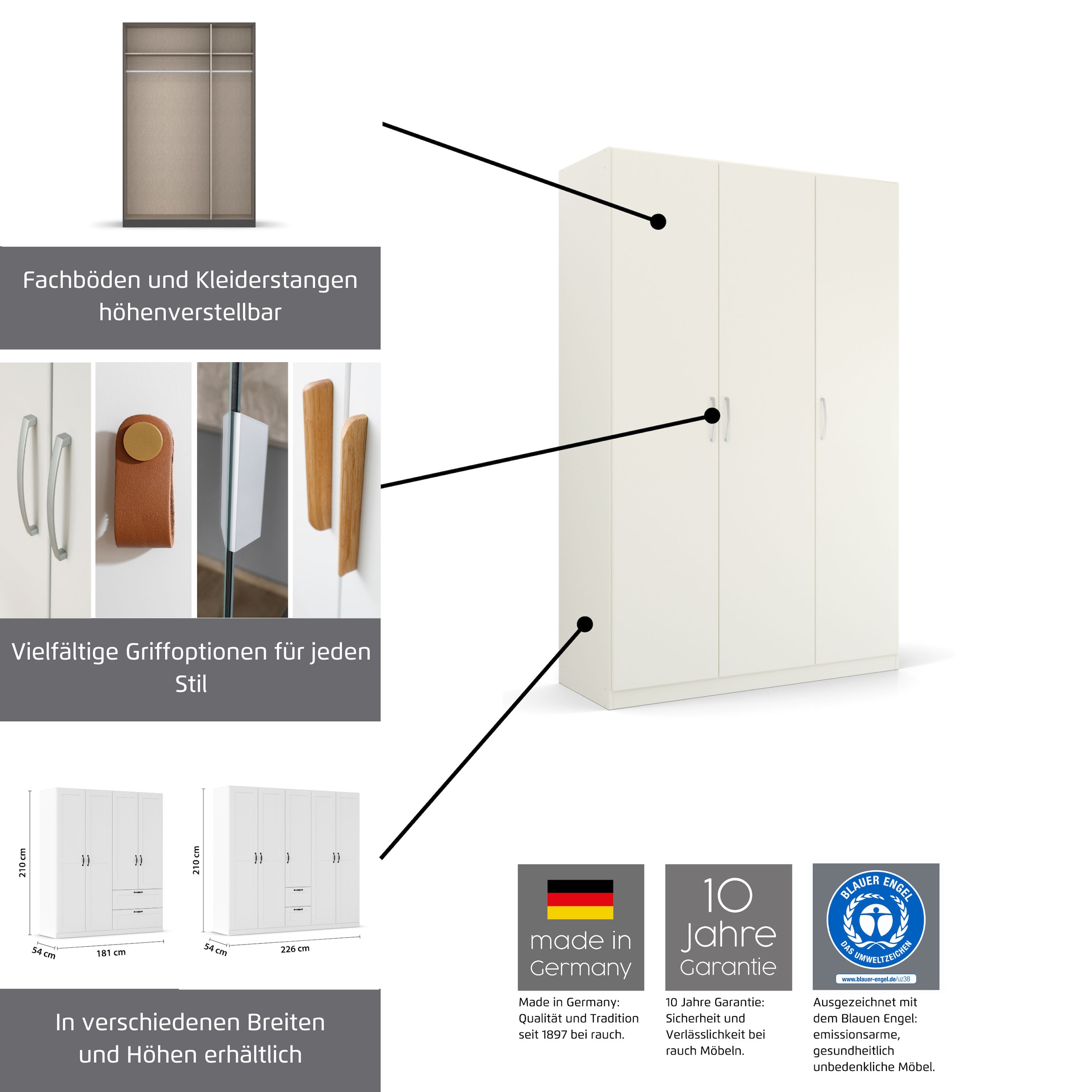 rauch Kleiderschrank »Skandi by Quadra Spin Schlafzimmerschrank«, im Landhaus-Stil mit Massivholzgriffen aus Wildeiche, mit Schubladen