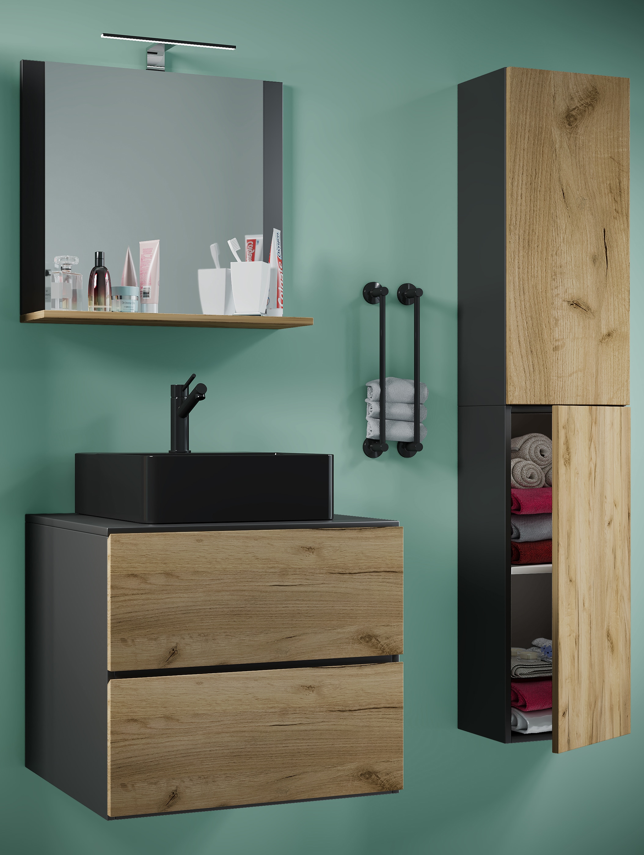 VCM Waschbeckenunterschrank »VCM 4-tlg. Waschplatz Waschtisch Badmöbel Set Waschbecken Lendas-BL Breite 60 cm L Schublade« 4 Stk. tlg.