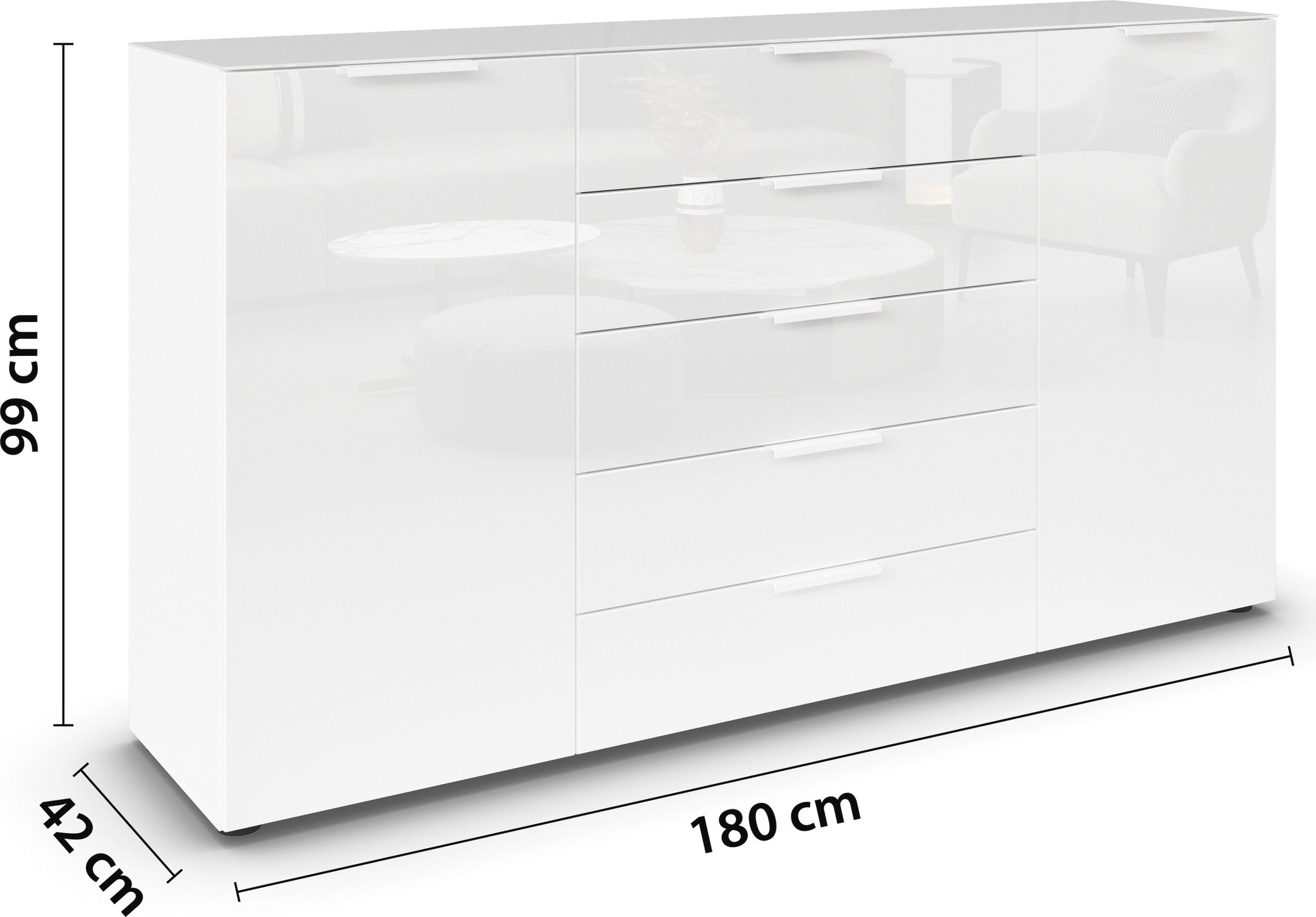 rauch Schubkastenkommode »Kommode Türkommode Sideboard Kombikommode FLIPP mit Glasfront«, (Breite 160/180 cm mit 4 Einlegeböden), 2-türig, 5 Schubladen, Soft-Close, Oberboden und Front Glas, 2 Breiten