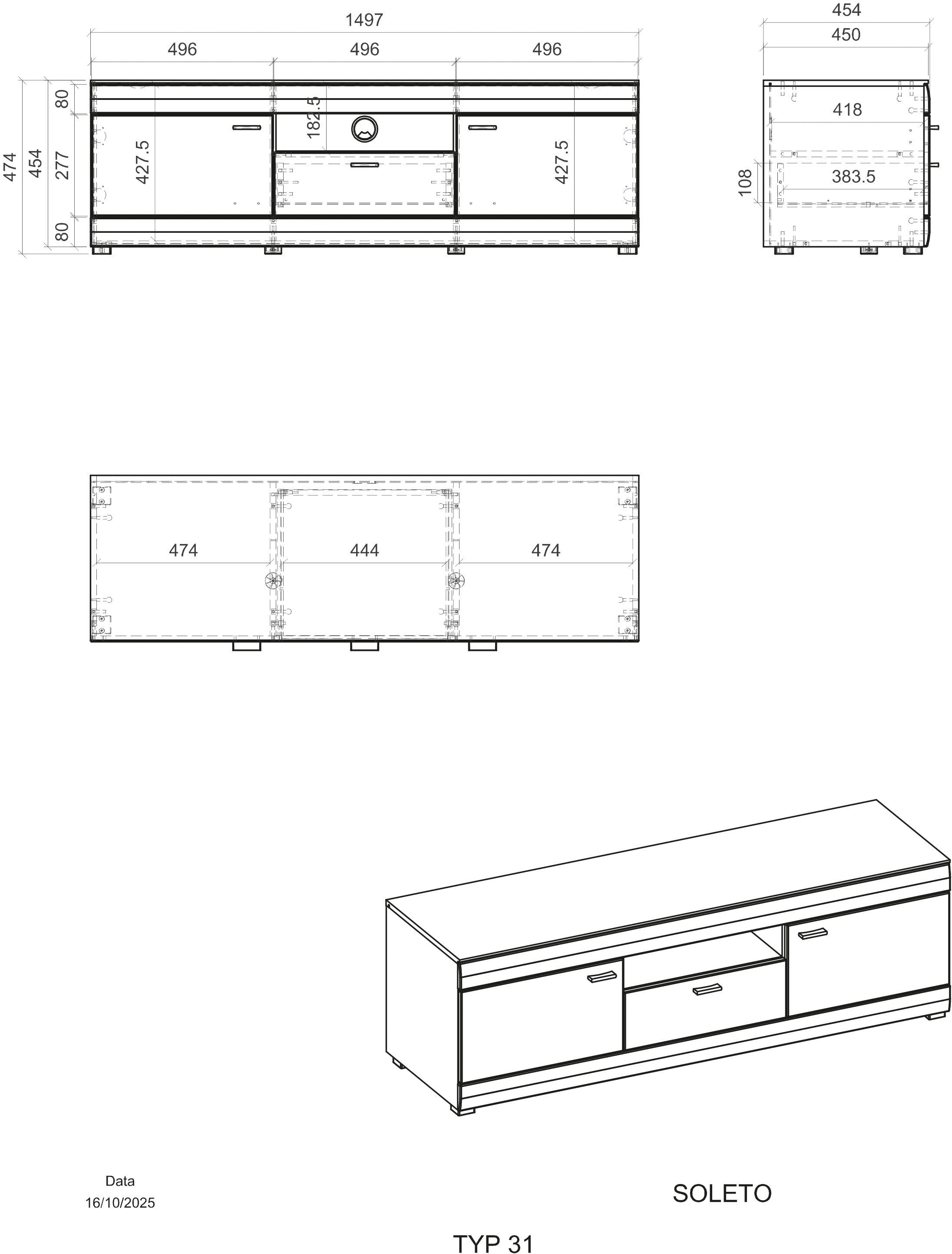Home affaire Lowboard »Soleto, moderner TV-Schrank, Kommode, TV-Unterschrank« zeitlos, schwarze Griffe aus Metall, ausreichend Stauraum