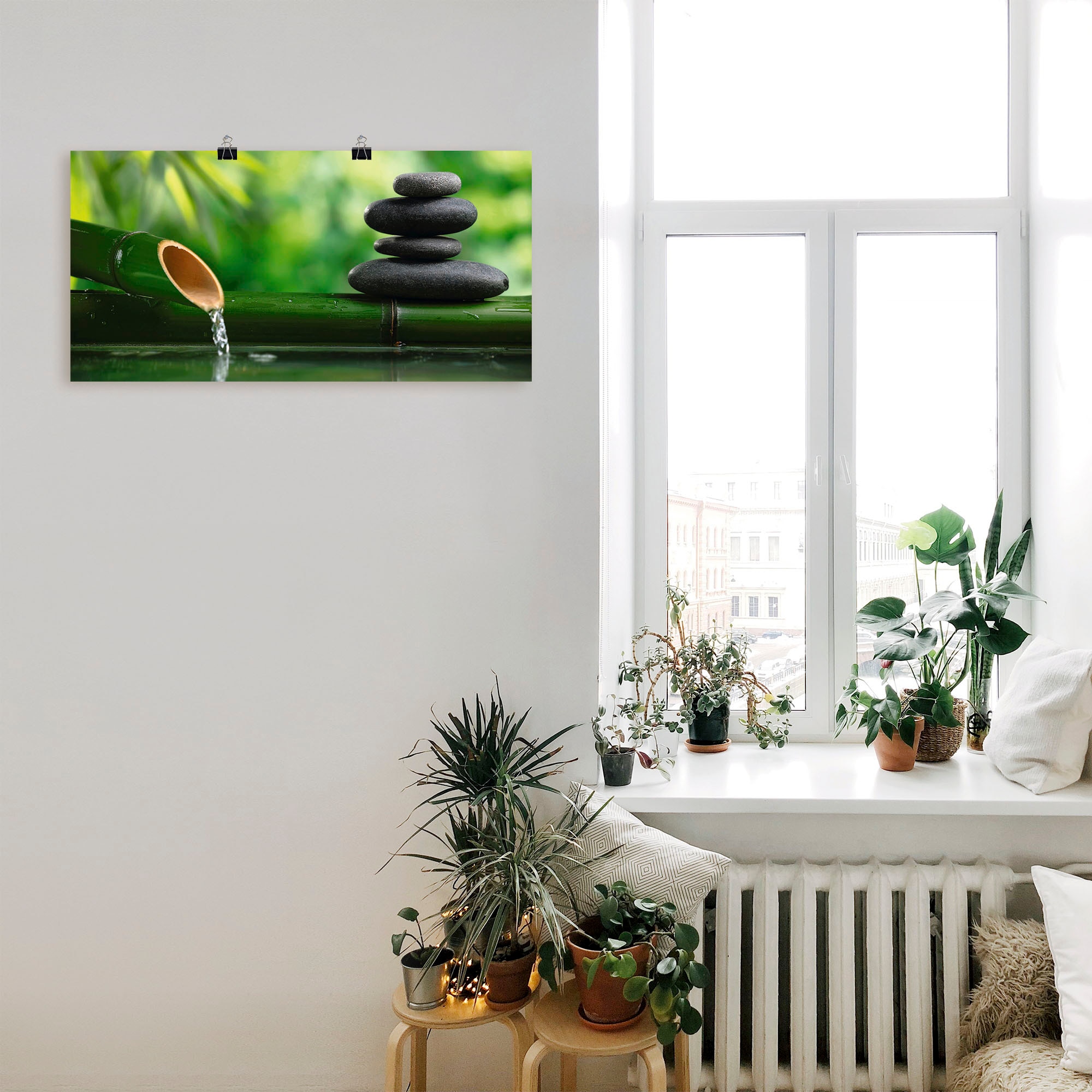 Artland Wandbild »Bambusbrunnen und Zen-Stein«, Zen, (1 St.), als Alubild, Outdoorbild, Leinwandbild, Poster, Wandaufkleber