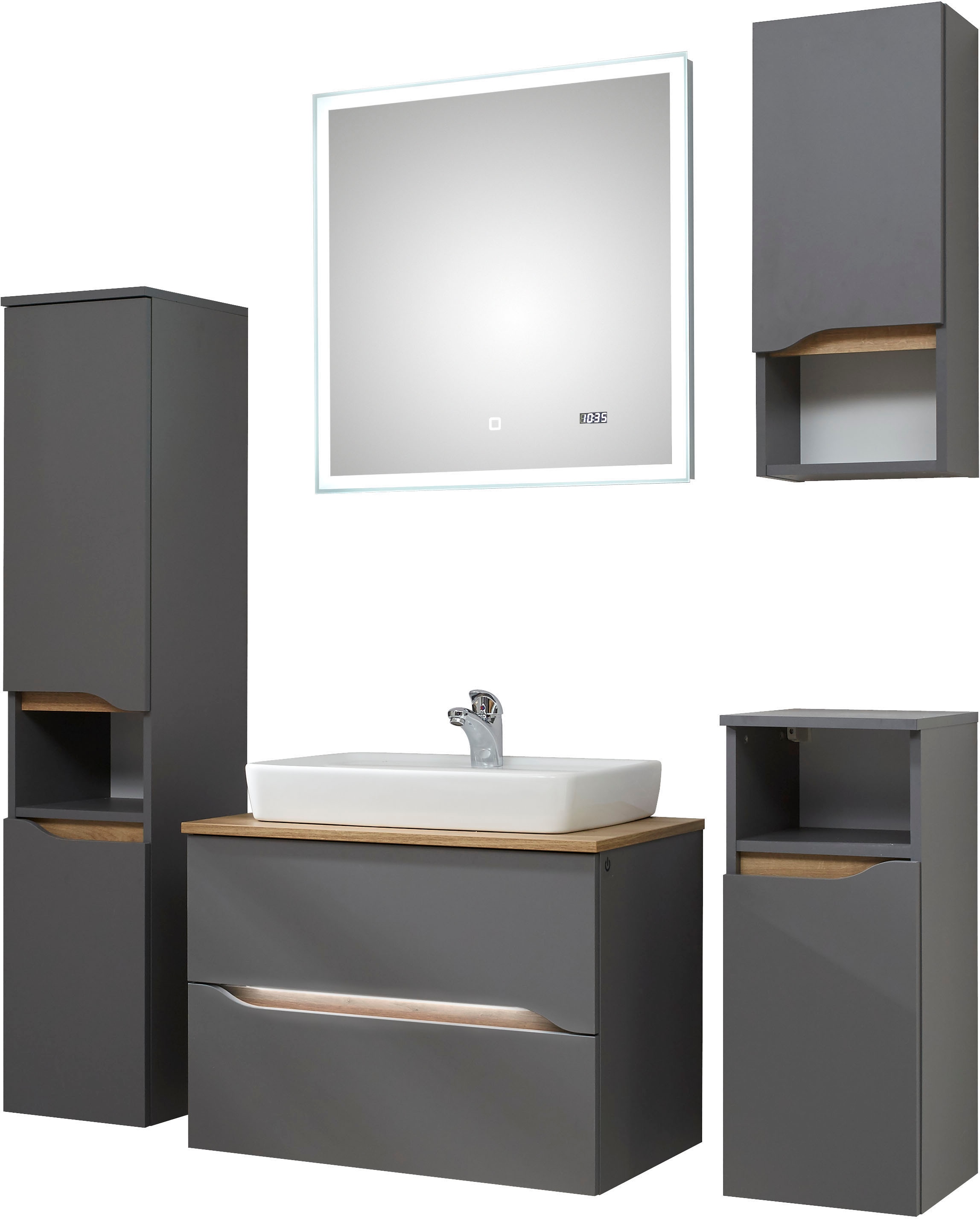 Saphir Badmöbel-Set »Quickset 2-teilig, Keramik-Aufsatzbecken mit LED-Spiegel« 5 Stk. tlg.