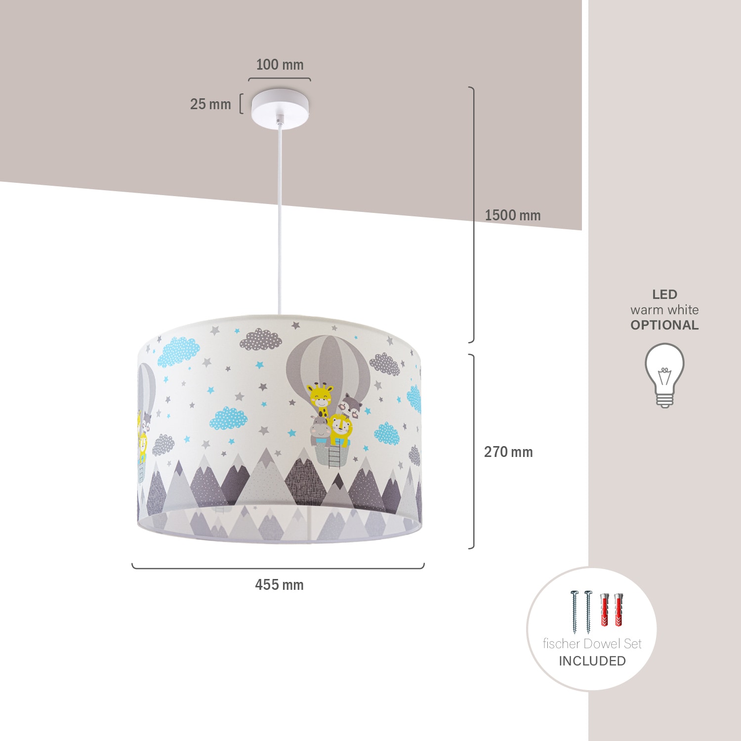E27 | Garantie XXL online 343«, Deckenlampe Heißluftballon Paco Home Zoo 1 Kinderzimmer 3 mit Wolken »Cosmo Tiere flammig-flammig, Pendelleuchte Lampe kaufen Jahren