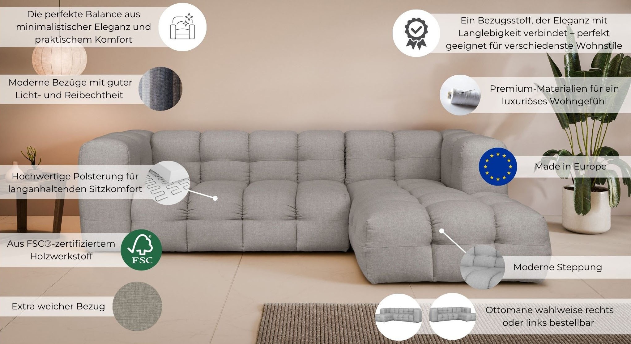 LeGer Home by Lena Gercke Ecksofa »TALISHA L-Form Designersofa, moderne Steppung, B/T/H: 276/178/75 cm«, moderne Steppung, hoher Sitzkomfort