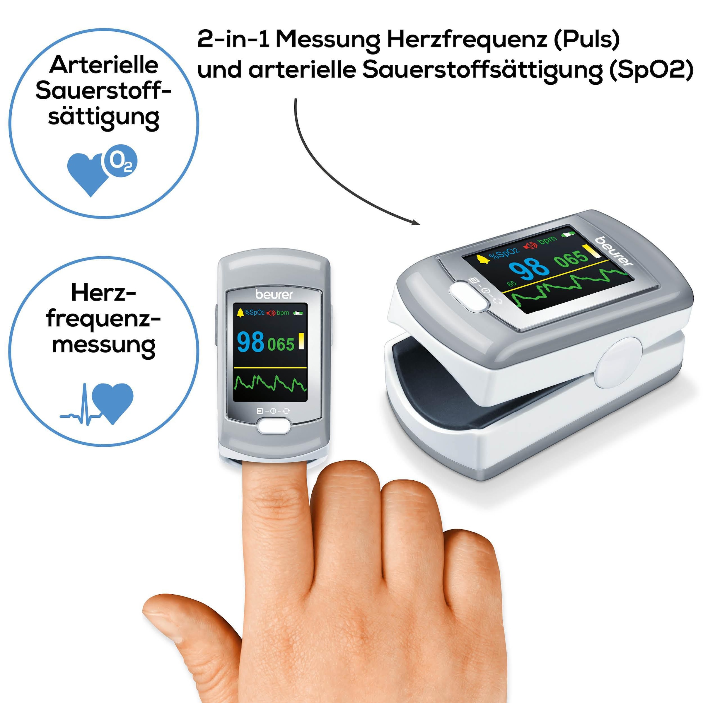 BEURER Pulsoximeter »PO 80 zur Messung der Sauerstoffsättigung und Herzfrequenz«, Mit Akku, aufladbar über USB oder Steckernetzteil