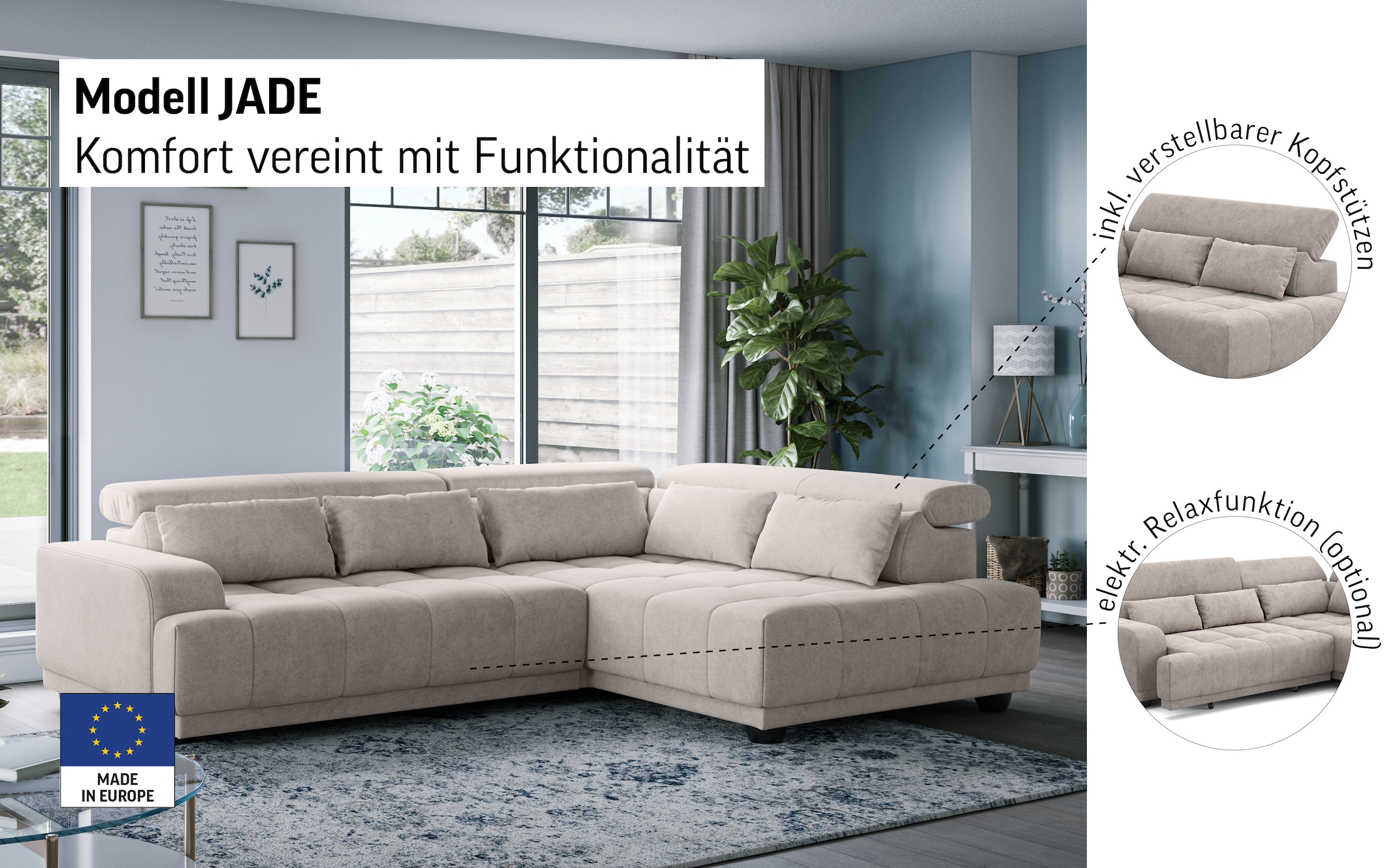 COTTA Ecksofa »Jade - L Form, Sitzbreite 201 cm« inkl. Kopfteilverstellung und Nierenkissen, PUR-Schaumpolsterung