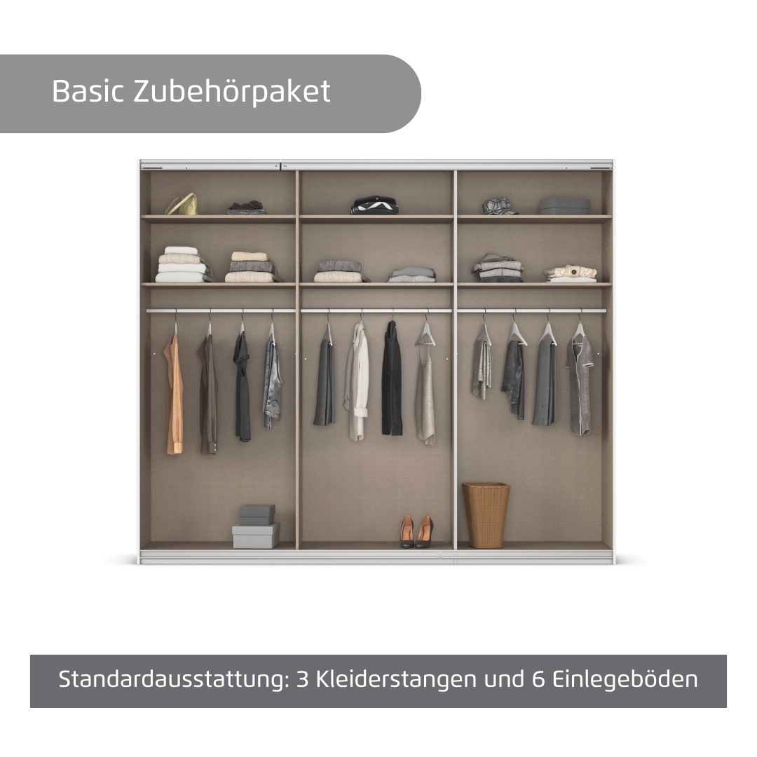 rauch Kleiderschrank »Schwebetürenschrank OTTO´s Choice Garderobe Schrank TOP ANGEBOT Avola«, (in 3 verschiedenen Ausstattungen BASIC/CLASSIC/PREMIUM), mit eleganten Zierleisten in Chrom, Schwarz oder Weiß MADE IN GERMANY