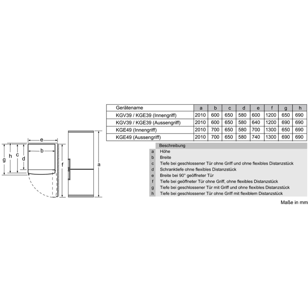 BOSCH Kühl-/Gefrierkombination »KGE39A«, KGE39ALCA, 201 cm hoch, 60 cm breit