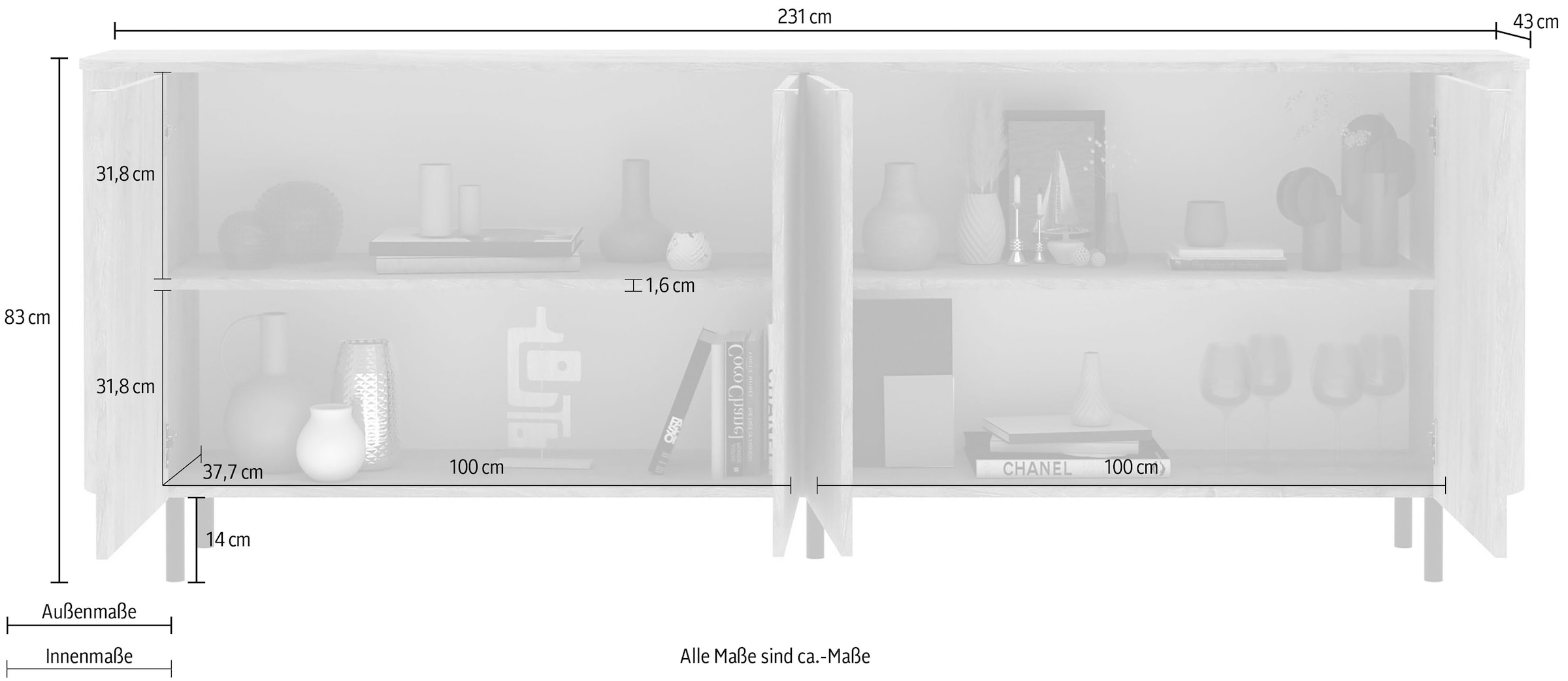Home affaire Sideboard »Murano, 231 cm breit, 4 Türen, Anrichte, Kommode, Stauraumschrank« Formgebogenes MDF, Stirnseiten mit Rundung, Füße und Griffe aus Metall