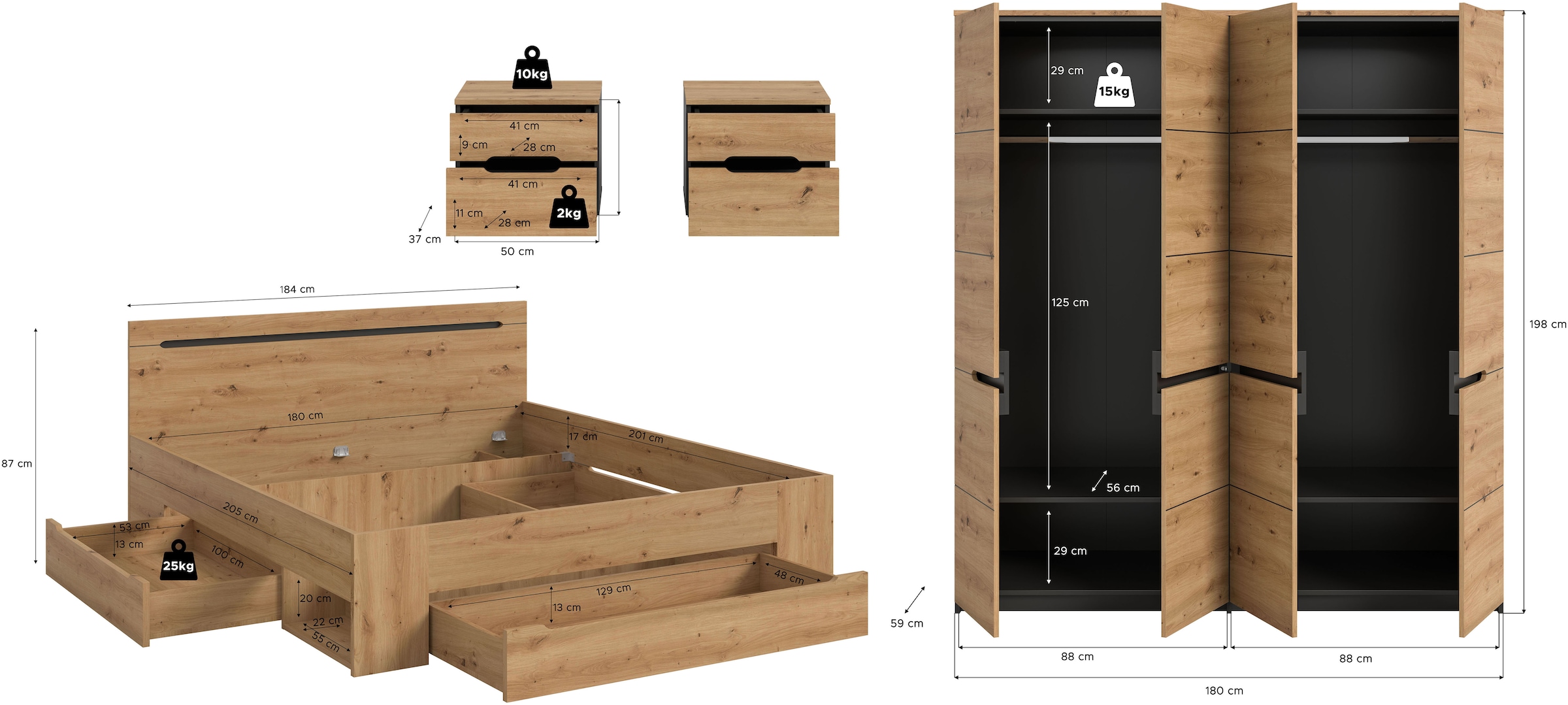 Home affaire Schlafzimmer-Set »REHAT, 4-teilig, best. aus: Bett, Kleiderschrank & 2x Nachtkommode« TOPSELLER!, für Matratzengröße 140x200 cm, viel Stauraum, 