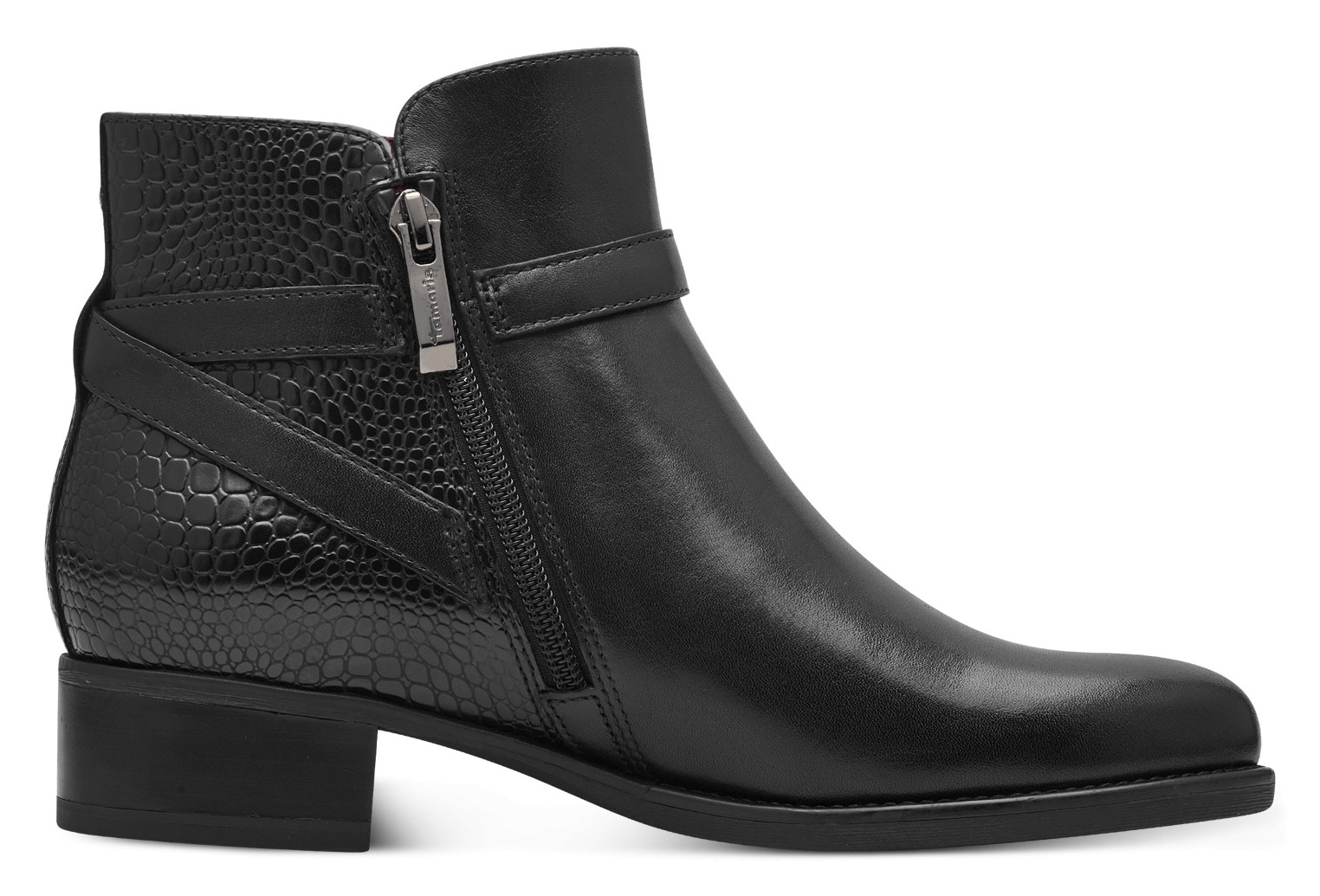 Tamaris Stiefelette, Blockabsatz, Businessschuh, Boots mit Zierschnalle und Logoprägung