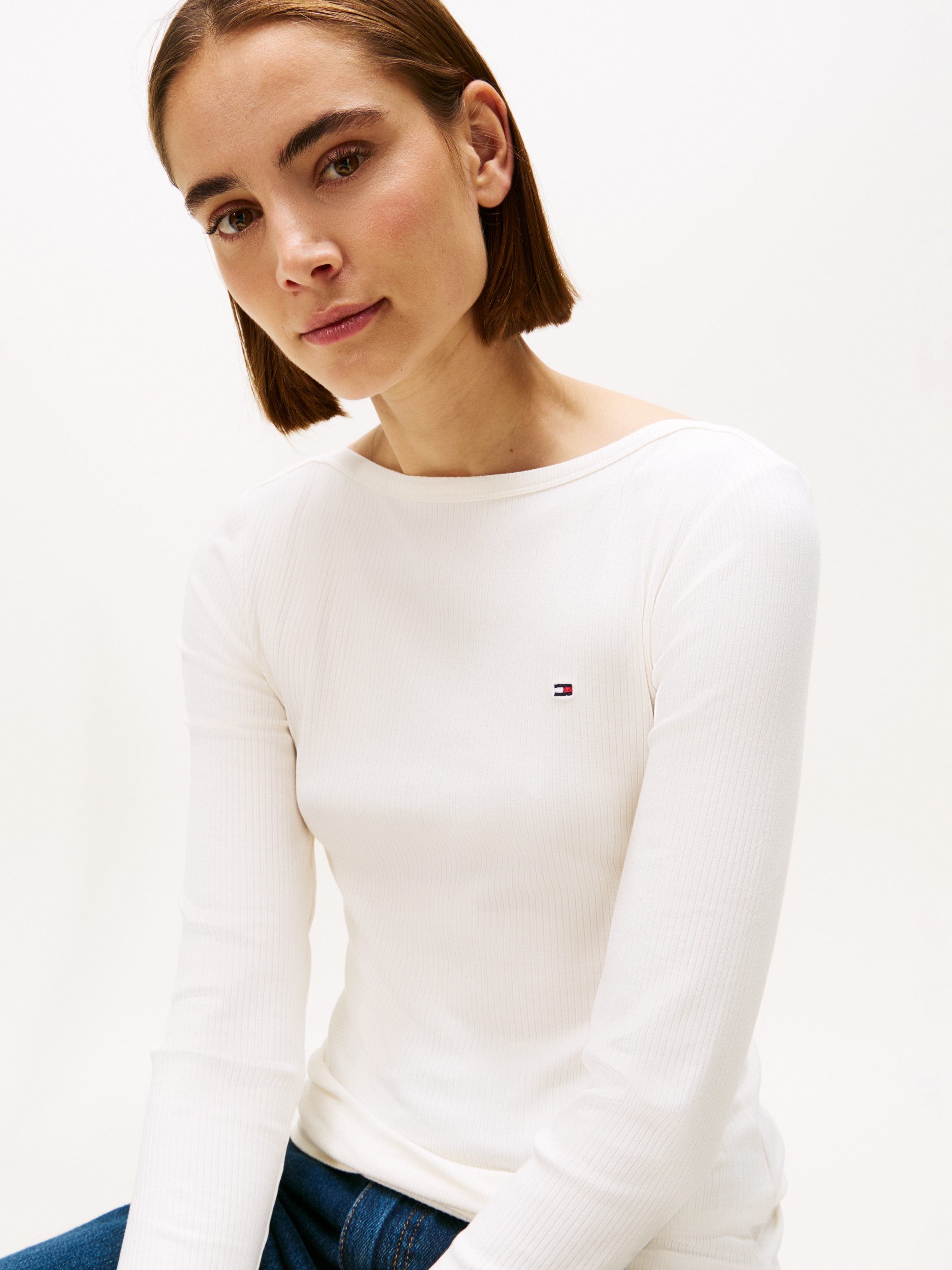 Tommy Hilfiger Langarmshirt »SLIM 5X2 RIB BOAT-NK LS mit U-Boot Ausschnitt und Rippstruktur« unifarben, casual, slim fit, Viskosemix, U-Boot-Ausschnitt