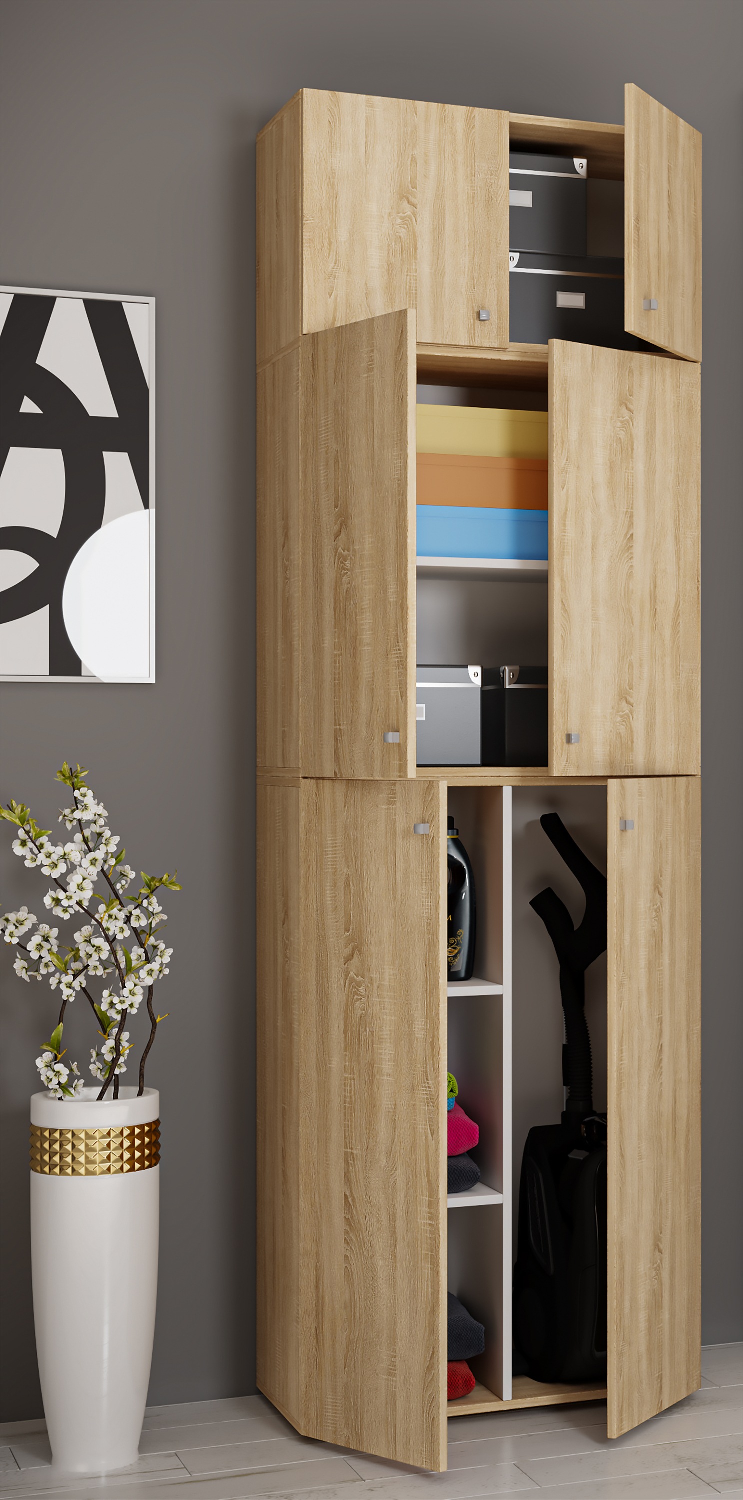 VCM Mehrzweckschrank »VCM Holz Besenschrank | 6 Fächer | Maße: H. 223 x B. 70 x T. 39 cm | Haushaltsschrank | Mehrzweckschrank | Aufsatz mit zwei Türen - Lona«, (1 St.)