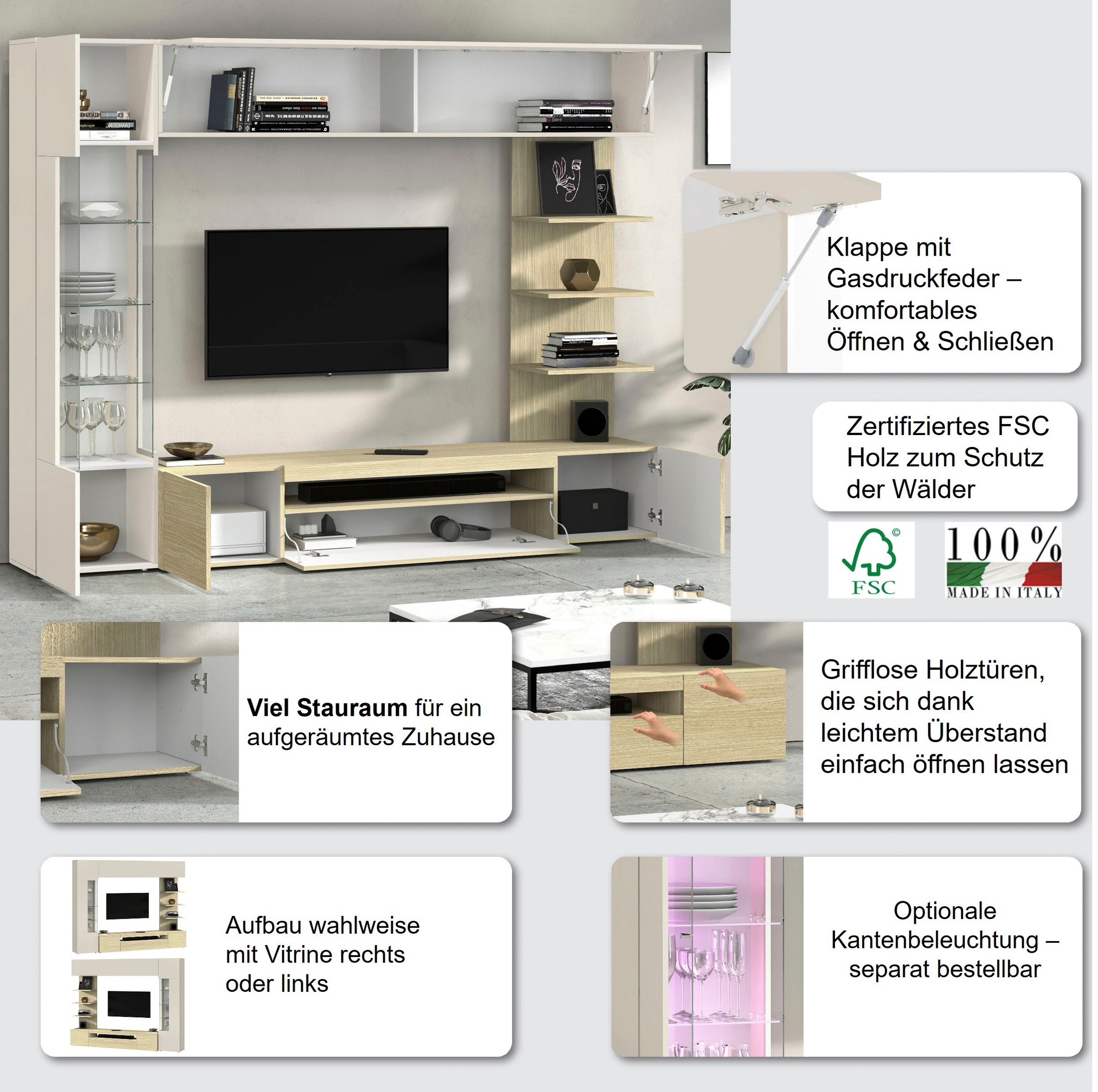 INOSIGN Wohnwand »Wohnwand New Egypt, Anbauwand, Medienwand, Wohnzimmerwand« Weiß in Hochglanz, alle anderen Farben in matter Ausführung., 4 Stk. tlg.