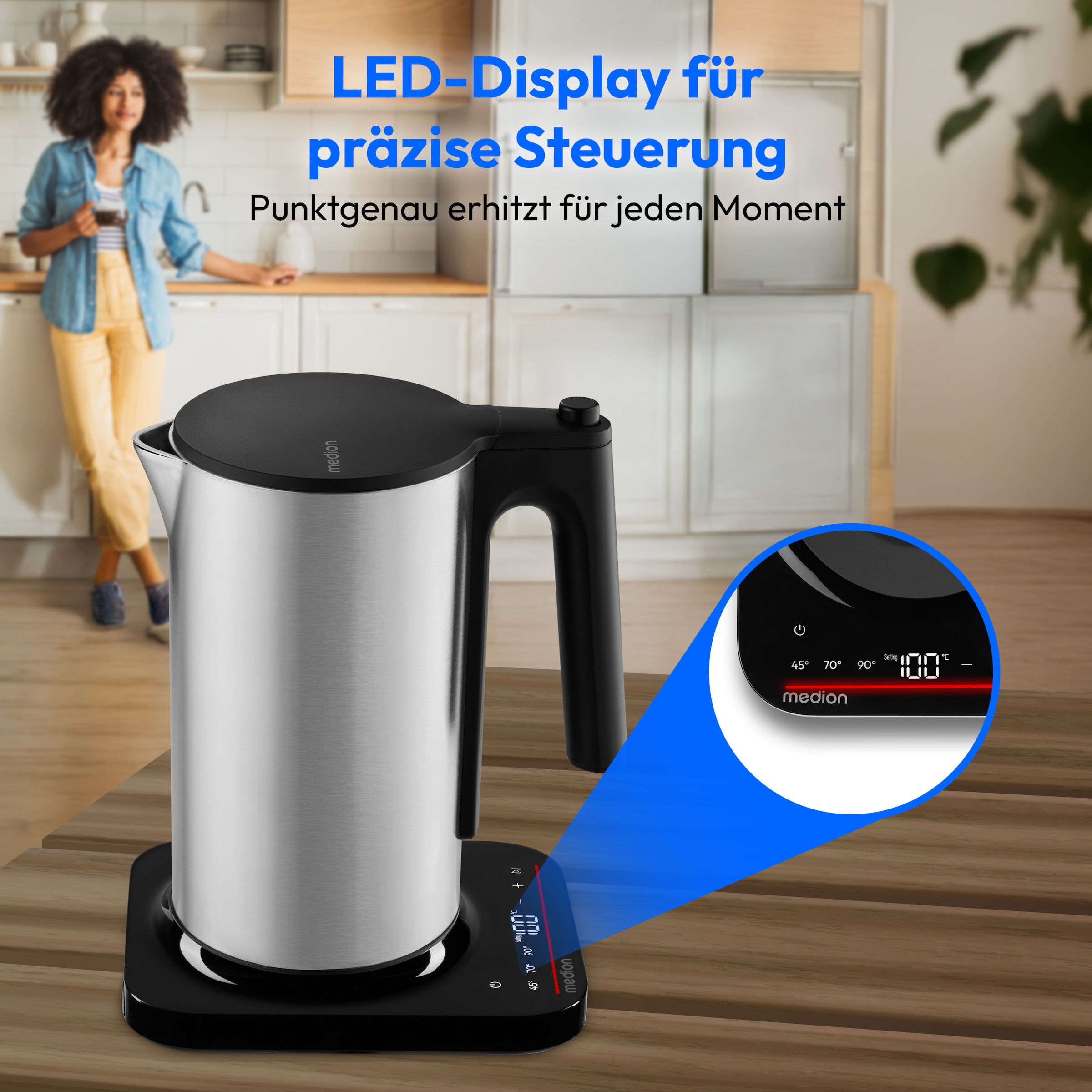 Medion® Wasserkocher »MD12106« 1,5 l 2200 W 2.200 W, 1,5 L, LED-Display, Sensor-Touch Bedienung, Kindersicherung