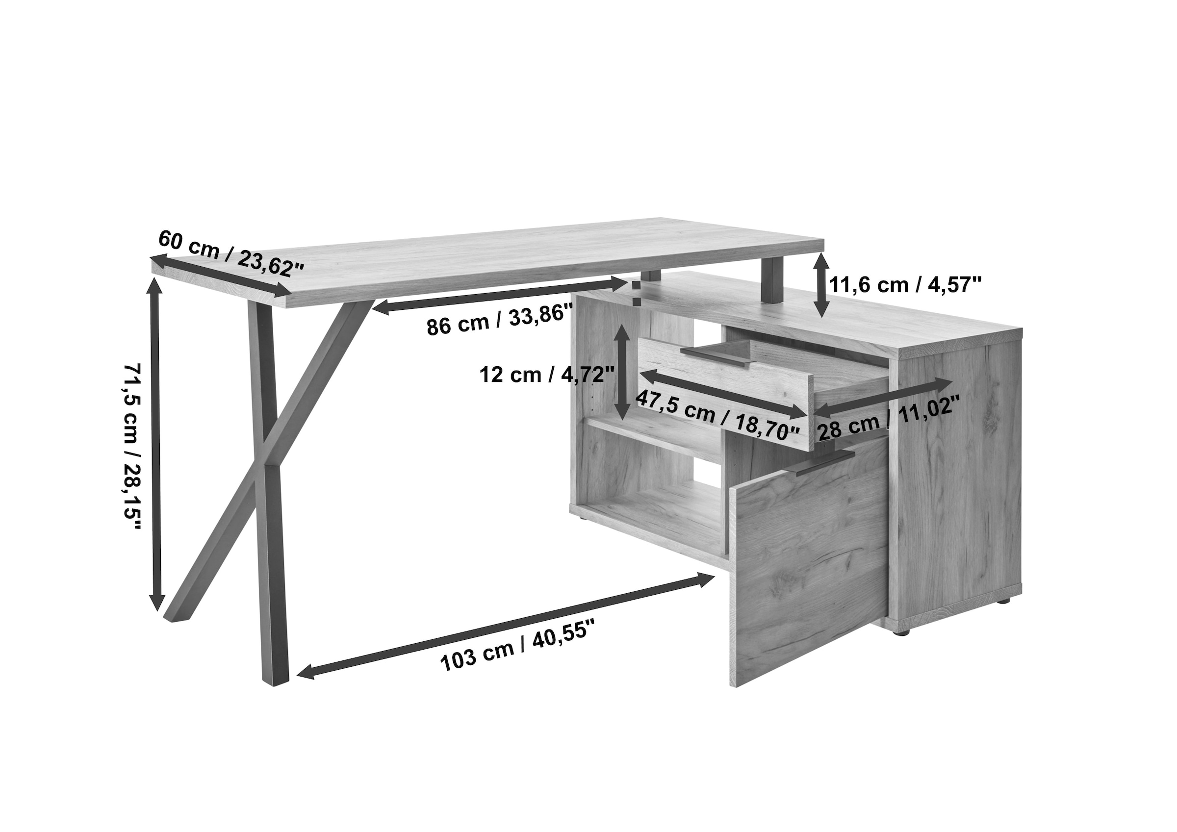 Jahnke Schreibtisch »X-TRA C 145 E«, (1 St.), Eckschreibtisch, wechselseitig montierbar, X-Gestell