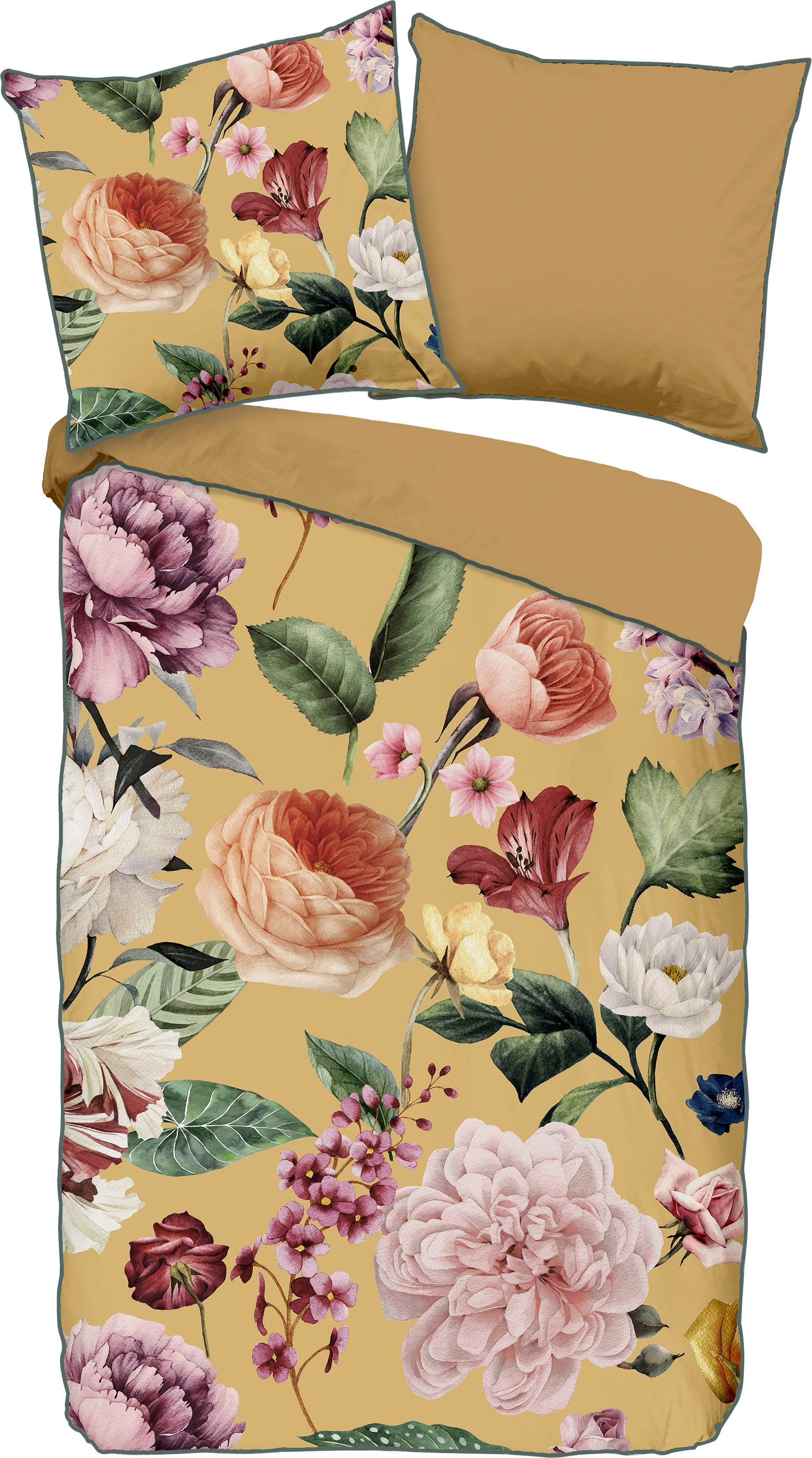 Descanso Wendebettwäsche »Fiori«, Baumwolle, Satin, 135x200, Biese, Reißverschluss, Wende, Blumen Sand