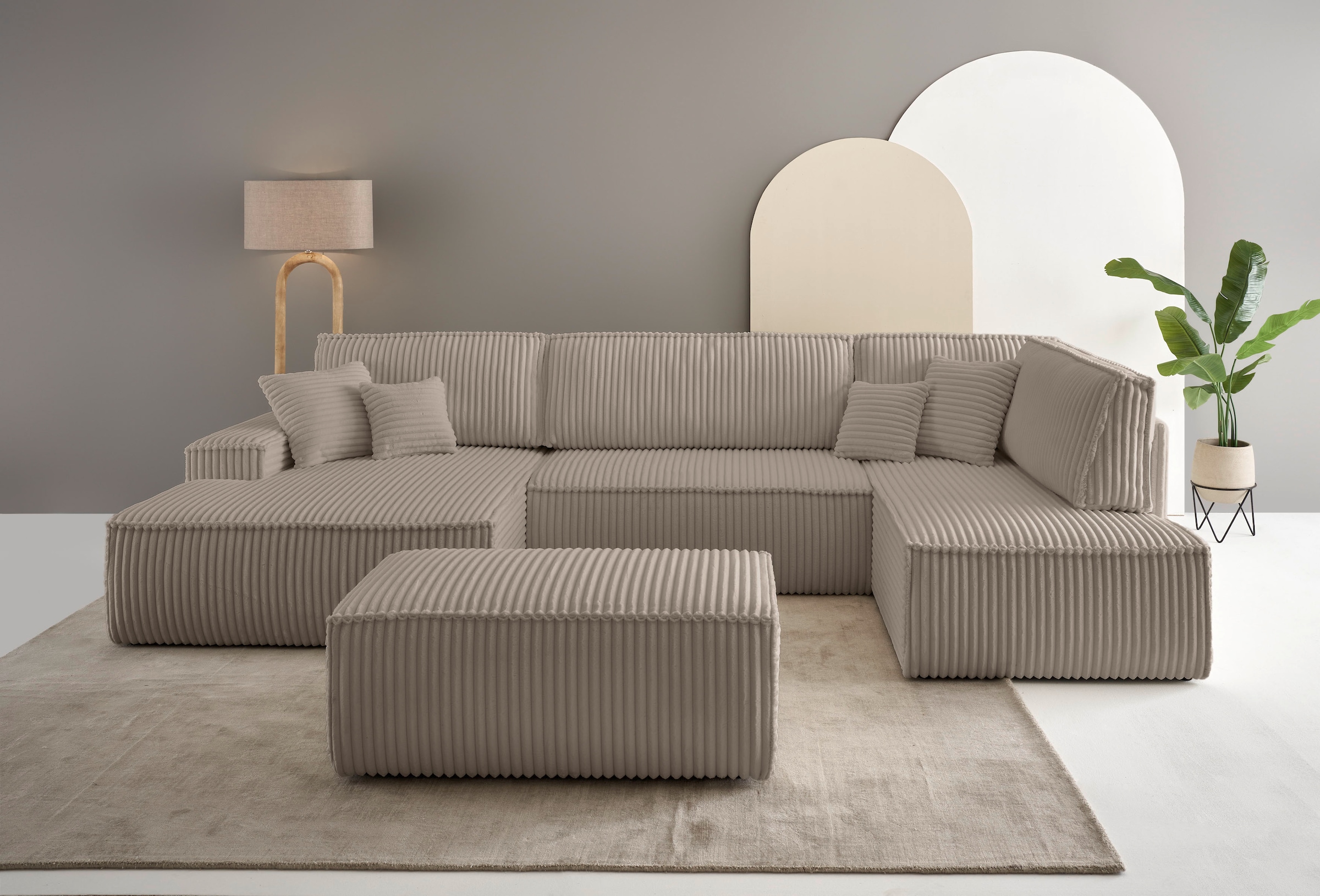 OTTO home Wohnlandschaft »FINNLEY  Cord U-Form XXL 329 cm - OTTO. Verlässliche Qualität.« Schlafsofa, Bettkasten, in Bouclé, Struktur fein und Mega Cord