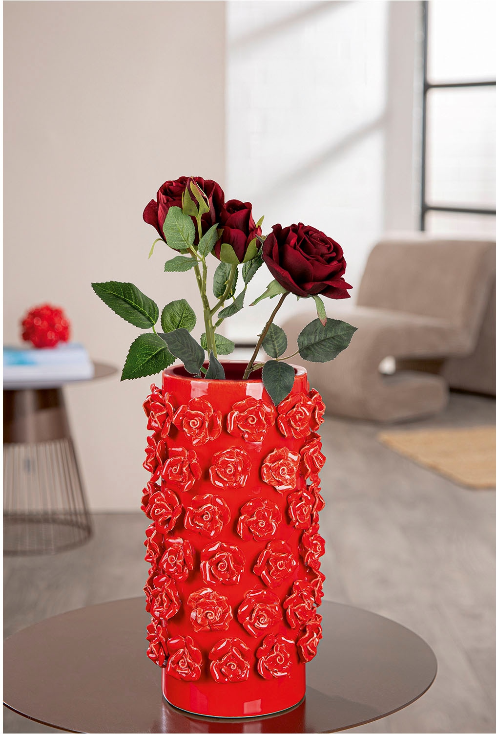 GILDE Tischvase »Vase zylindrisch Roses rot H. 30,5 cm«