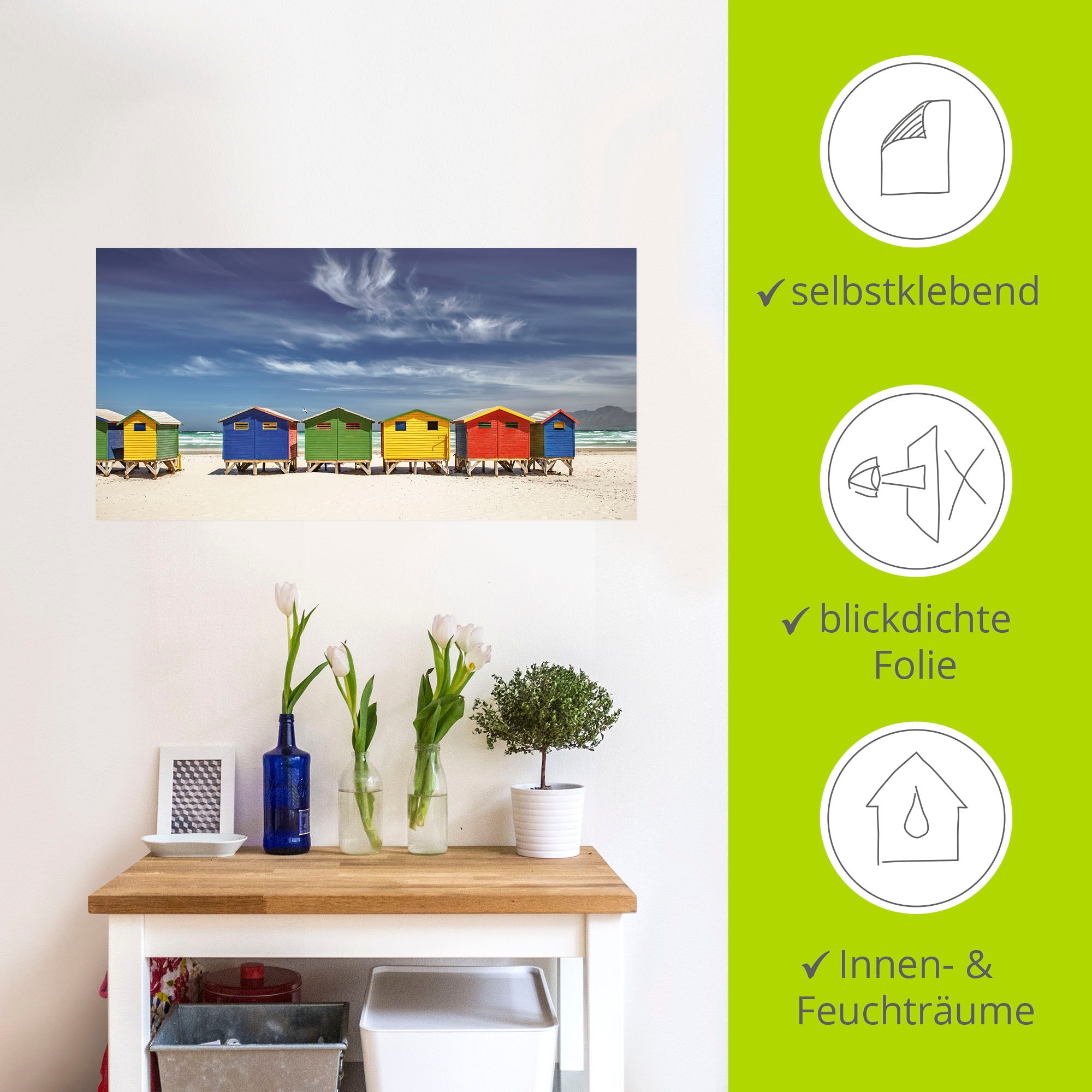 Artland Wandbild »Bunte Strandhäuser bei Kapstadt«, Strandbilder, (1 St.), als Alubild, Outdoorbild, Leinwandbild, Poster, Wandaufkleber